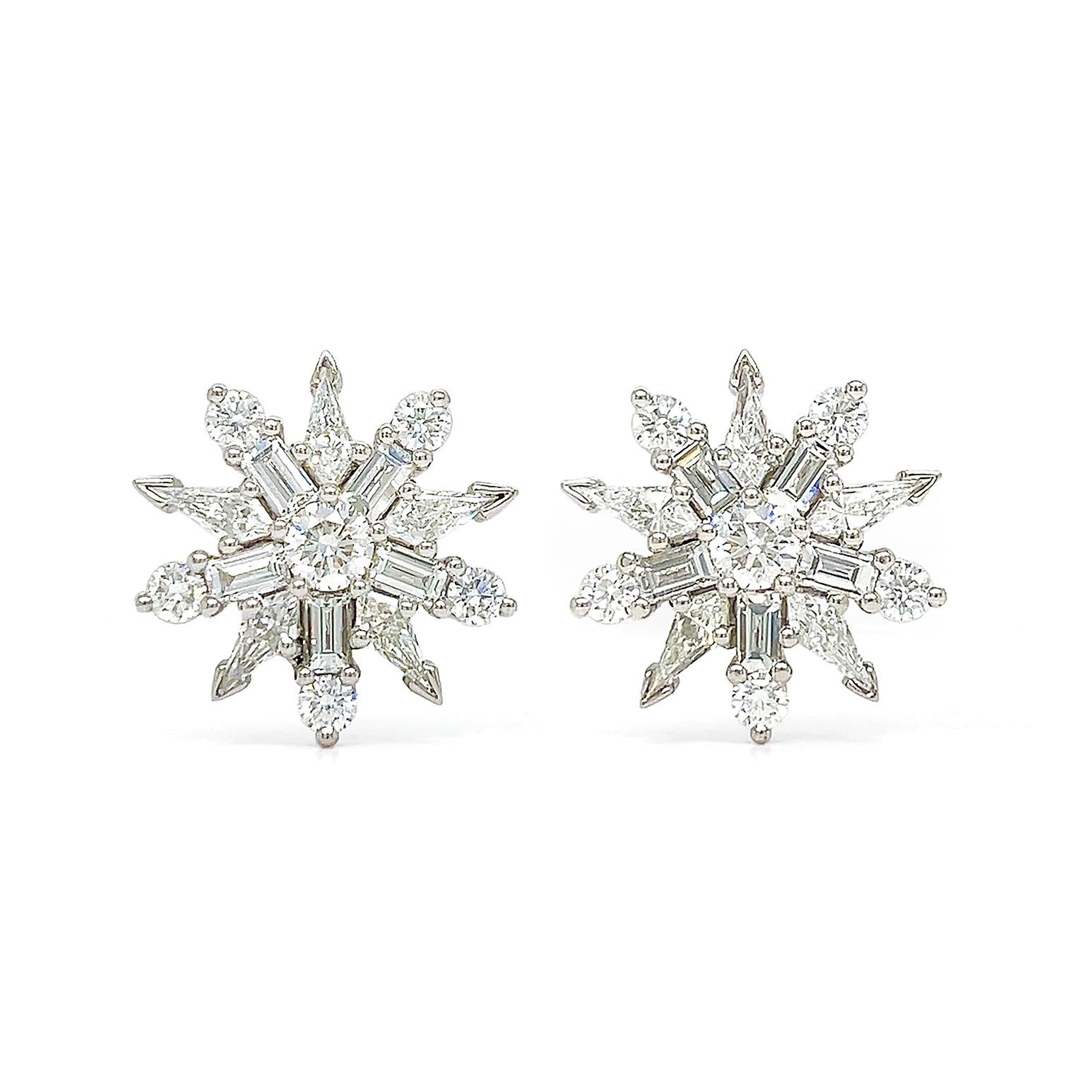 Platinum Round Baguette Kite Diamond Star Earrings For Sale 1