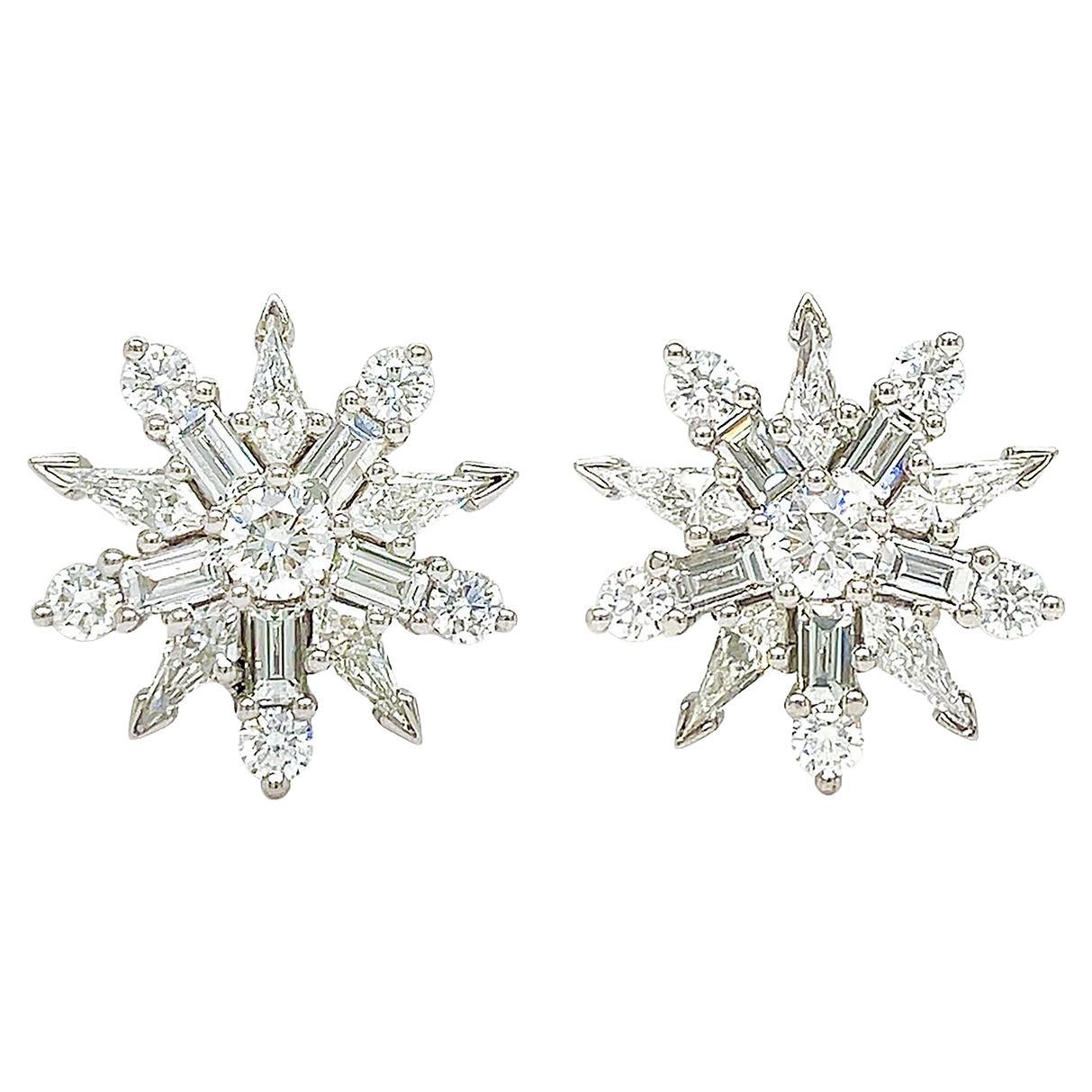 Platinum Round Baguette Kite Diamond Star Earrings