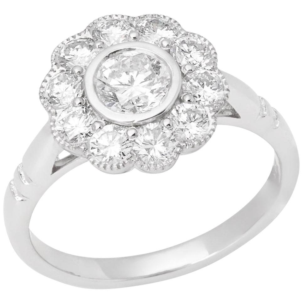 Platinum Round Brilliant Cut Diamond Millgrain Cluster Ring