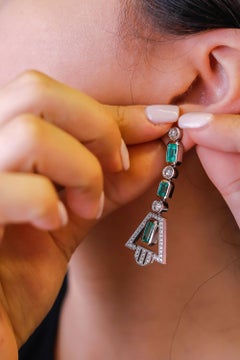 Platinum Round Brilliant Cut VS2 GH Color Diamond and 6 Carat Emerald Earrings