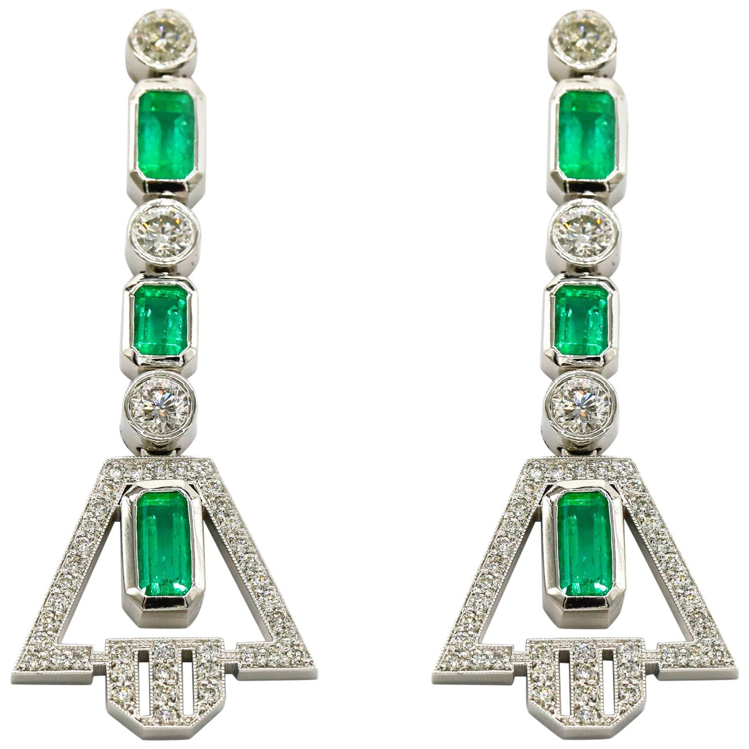 Platinum Round Brilliant Cut VS2 GH Color Diamond and 6 Carat Emerald Earrings