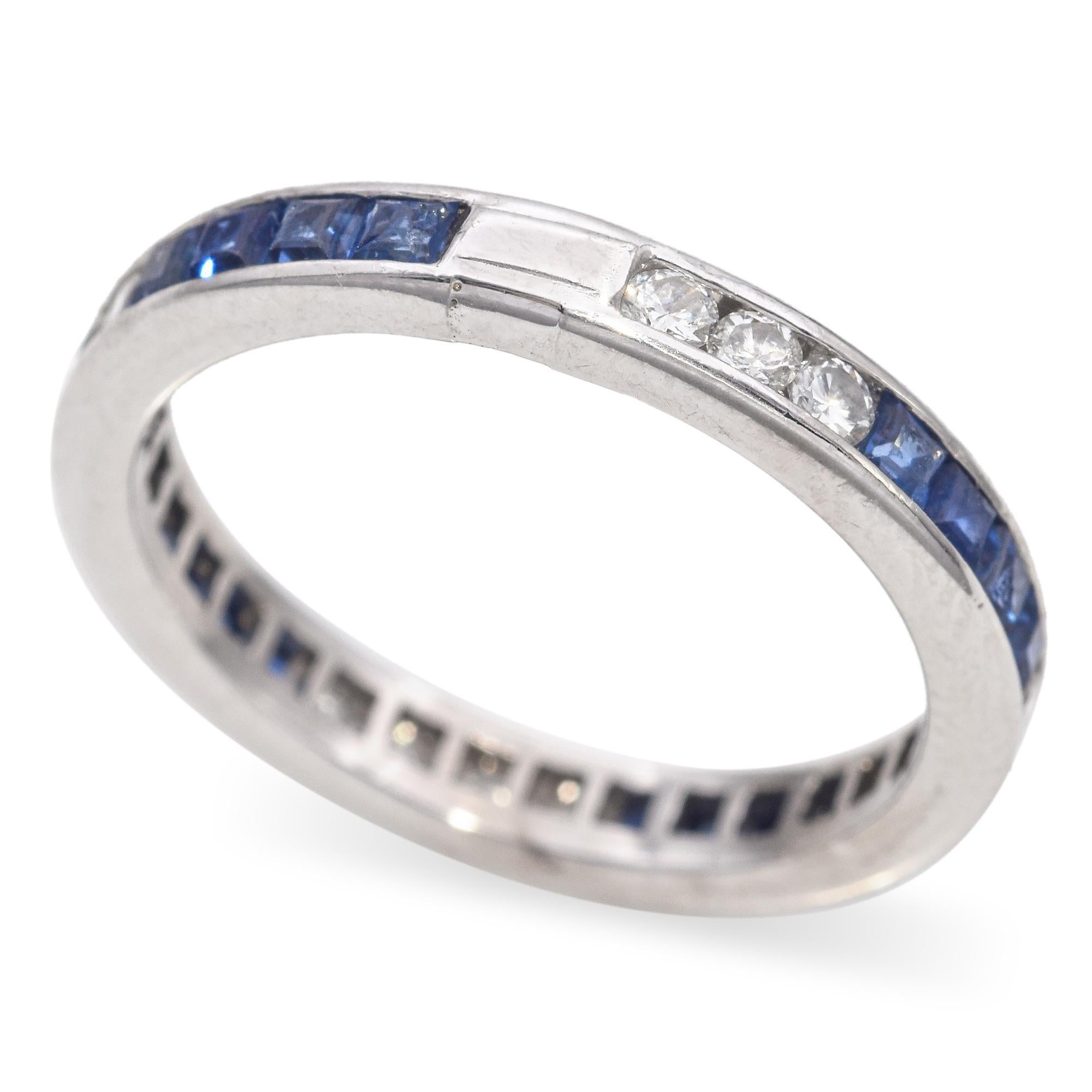 Square Cut Platinum Round Brilliant Diamond and Calibre Cut Blue Sapphire Band For Sale