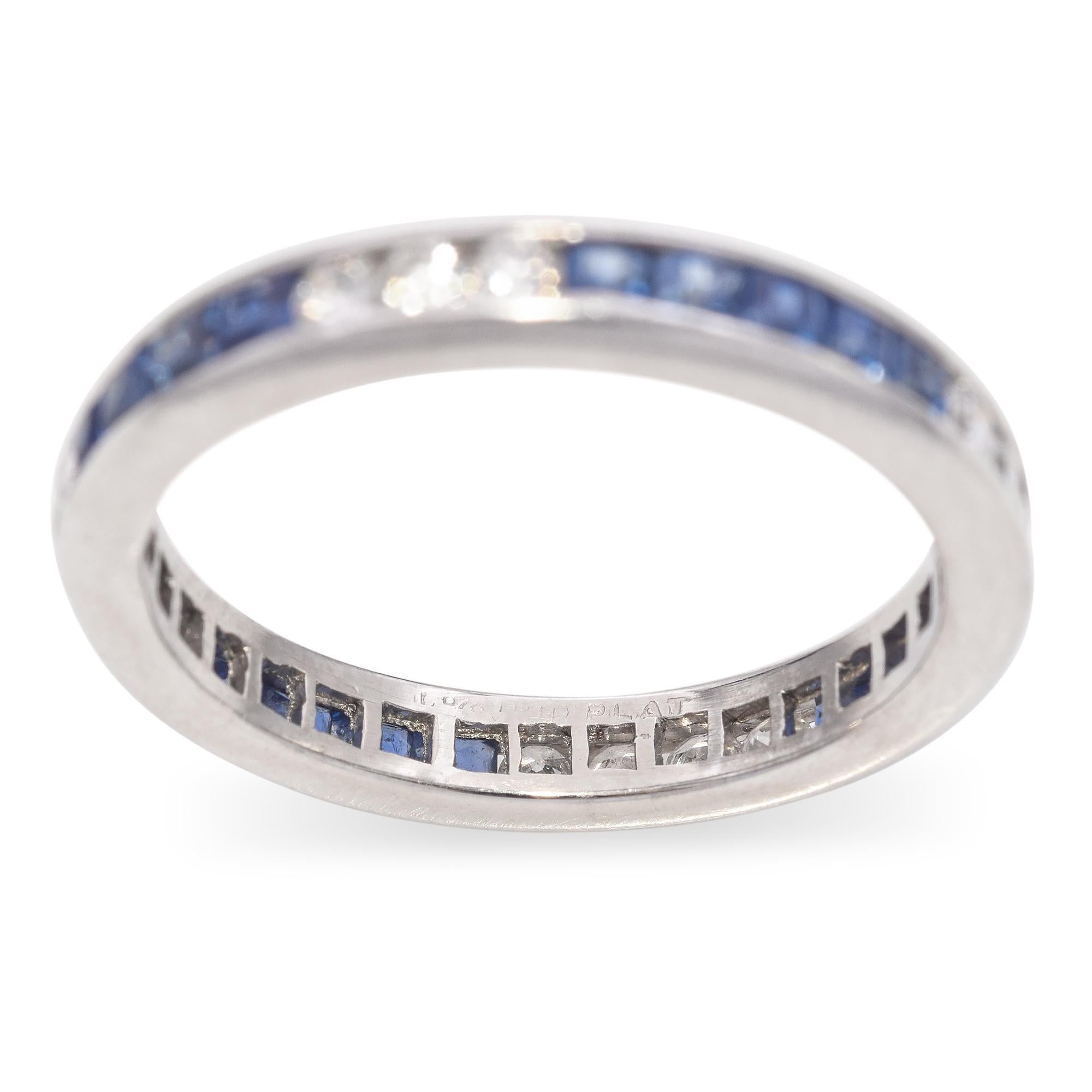 Women's Platinum Round Brilliant Diamond and Calibre Cut Blue Sapphire Band For Sale