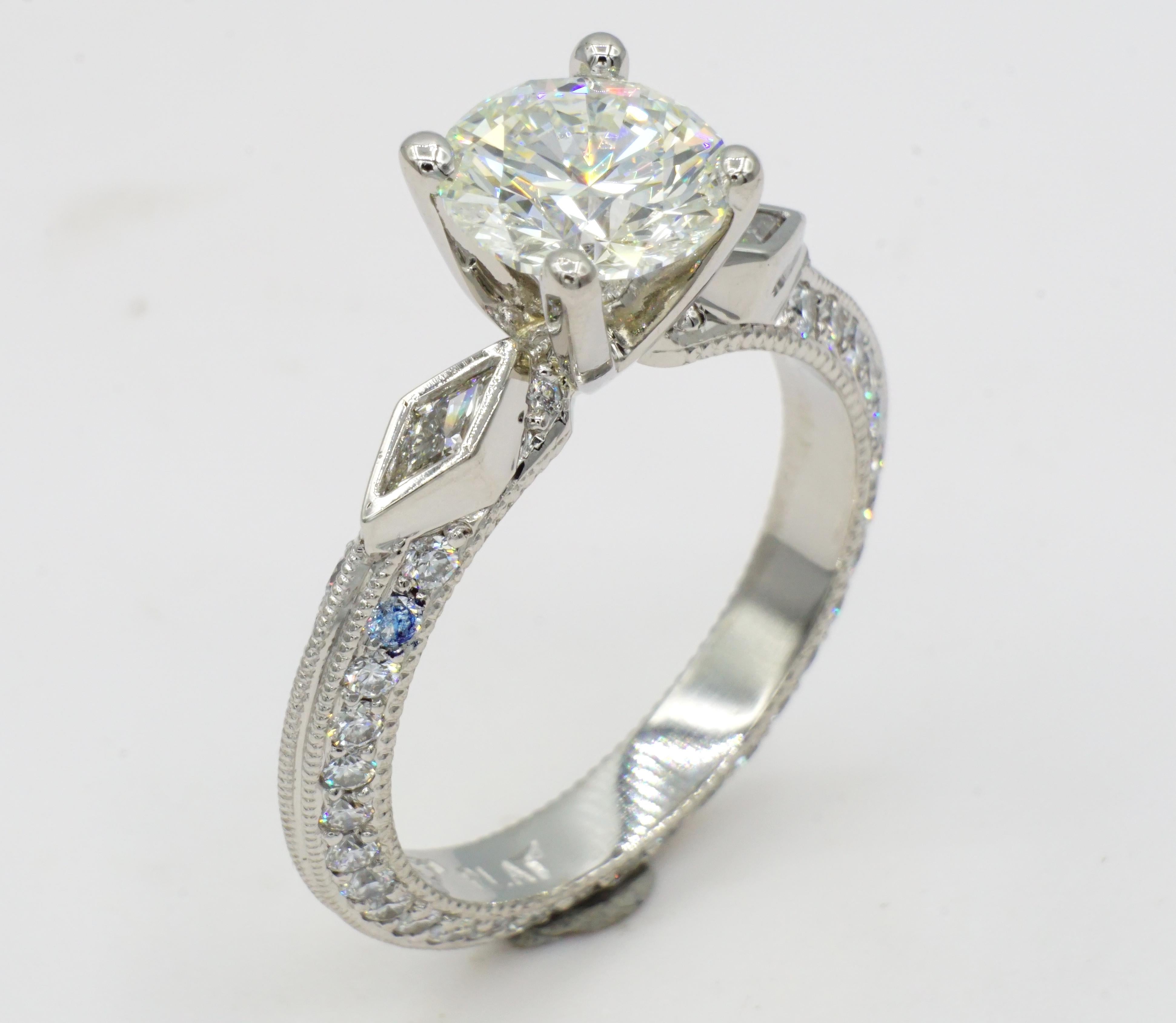 Modern Platinum 1.59ct Round Brilliant Diamond Engagement Ring, .99cttw Designer RGC For Sale