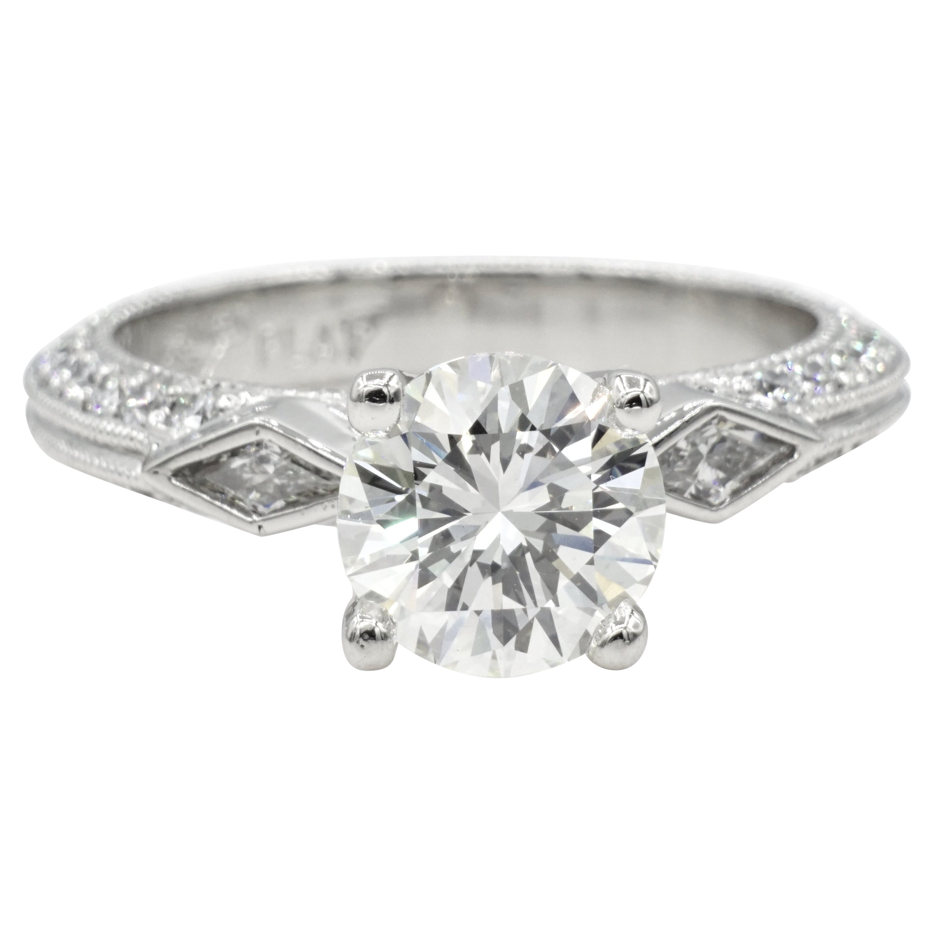Platinum 1.59ct Round Brilliant Diamond Engagement Ring, .99cttw Designer RGC For Sale