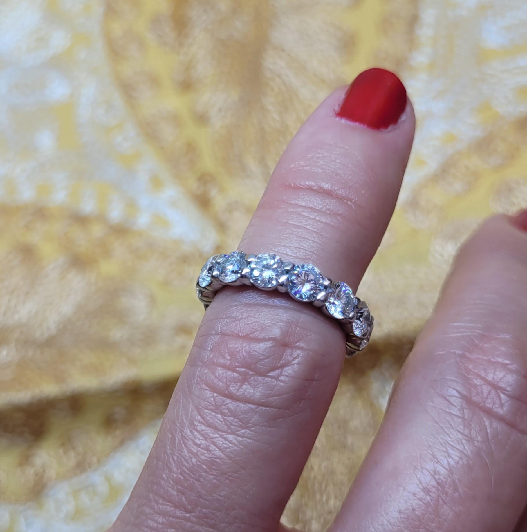 Platinum Round Brilliant Diamond Eternity Ring, 3.50cttw, 14 Diamonds, Size 4 In Fair Condition For Sale In Rancho Santa Fe, CA