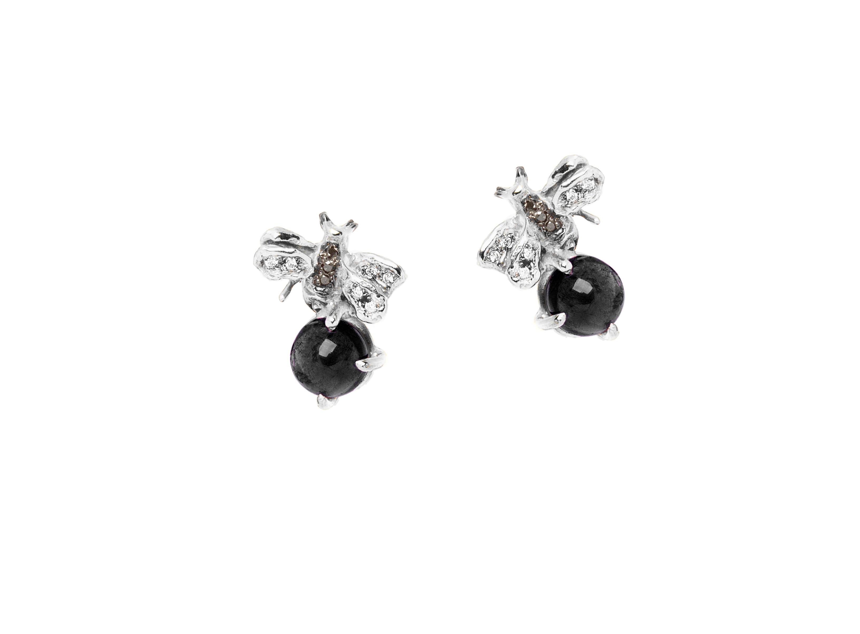 Clous d'oreilles en platine avec onyx de taille ronde et diamants noirs et blancs 0,16 carat en vente 2