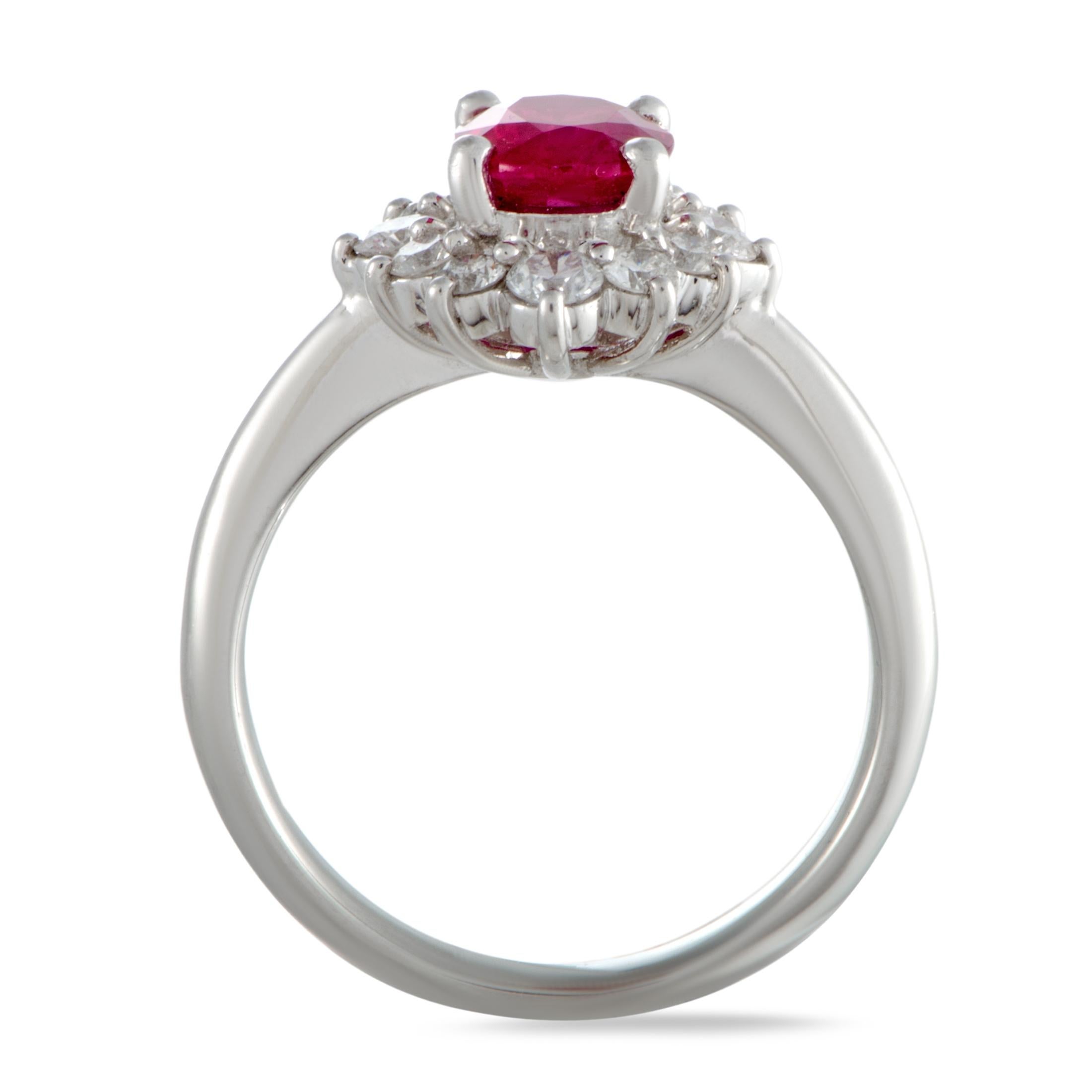 Provided a perfectly fitting pedestal in the form of flawlessly polished platinum and charmingly scintillating diamonds weighing in total 0.46 carats, the fabulous ruby weighing 1.09 carats exudes gorgeous femininity to top off a truly sumptuous