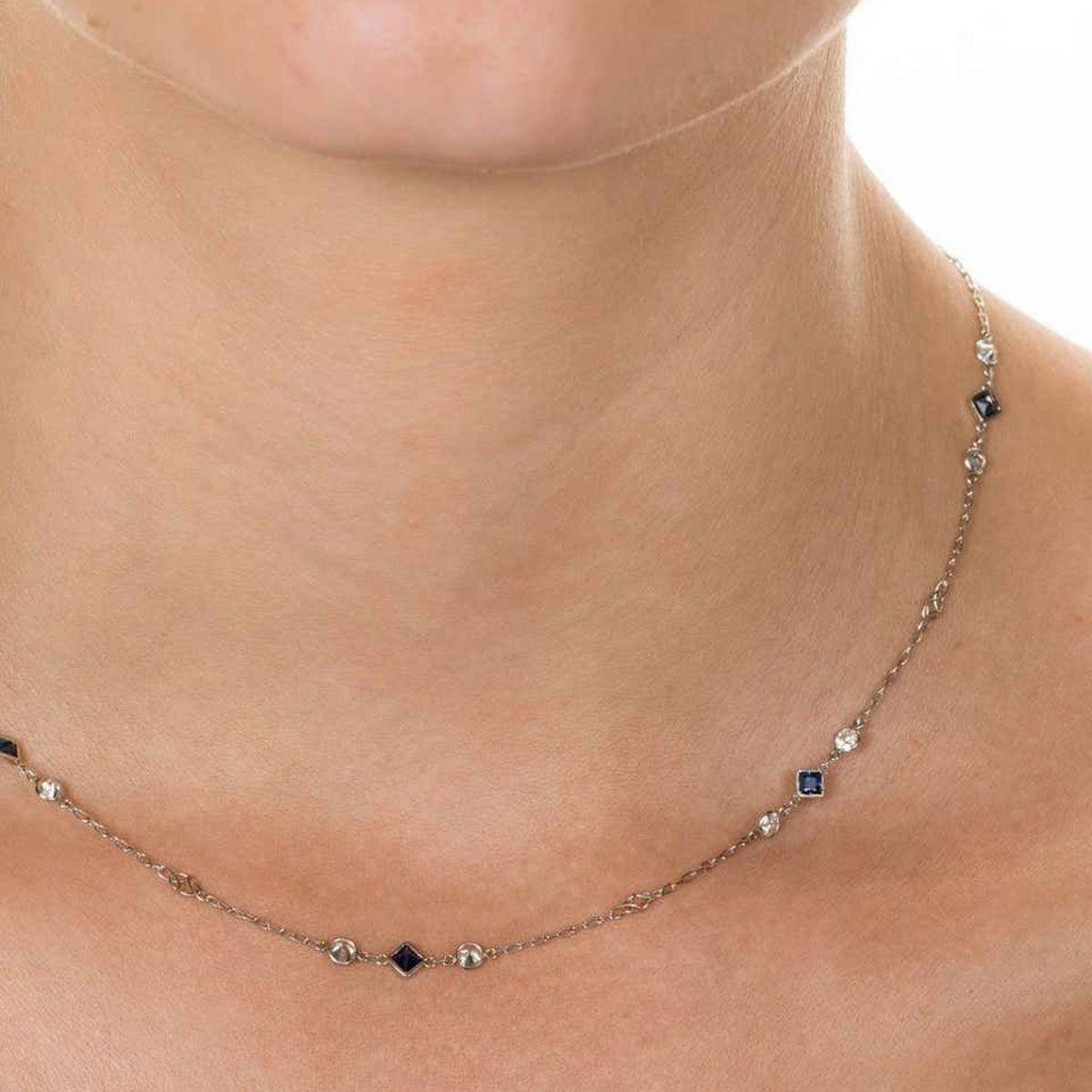 Platinum Round Diamond Blue Sapphire Chain Necklace  For Sale 5