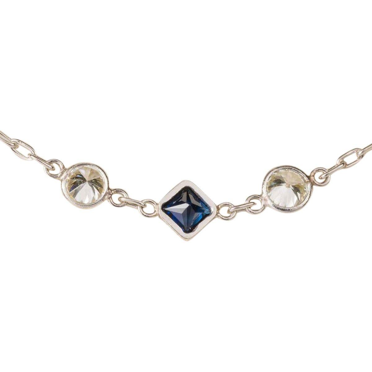 Platinum Round Diamond Blue Sapphire Chain Necklace  In Excellent Condition For Sale In QLD , AU