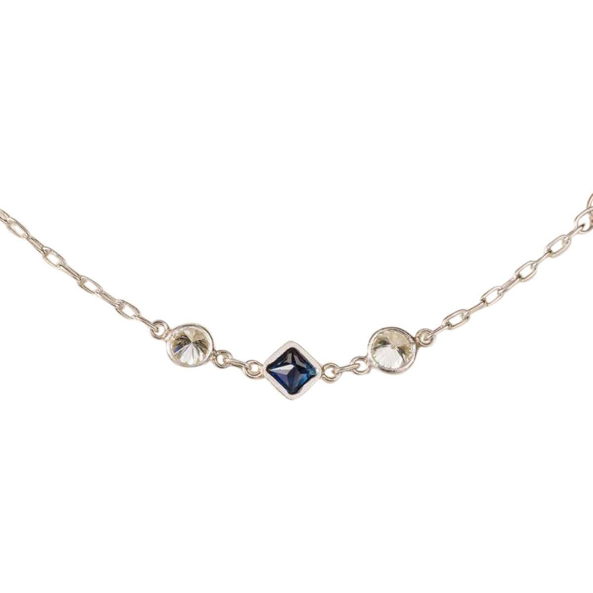 Art Deco Platinum Round Diamond Blue Sapphire Chain Necklace  For Sale