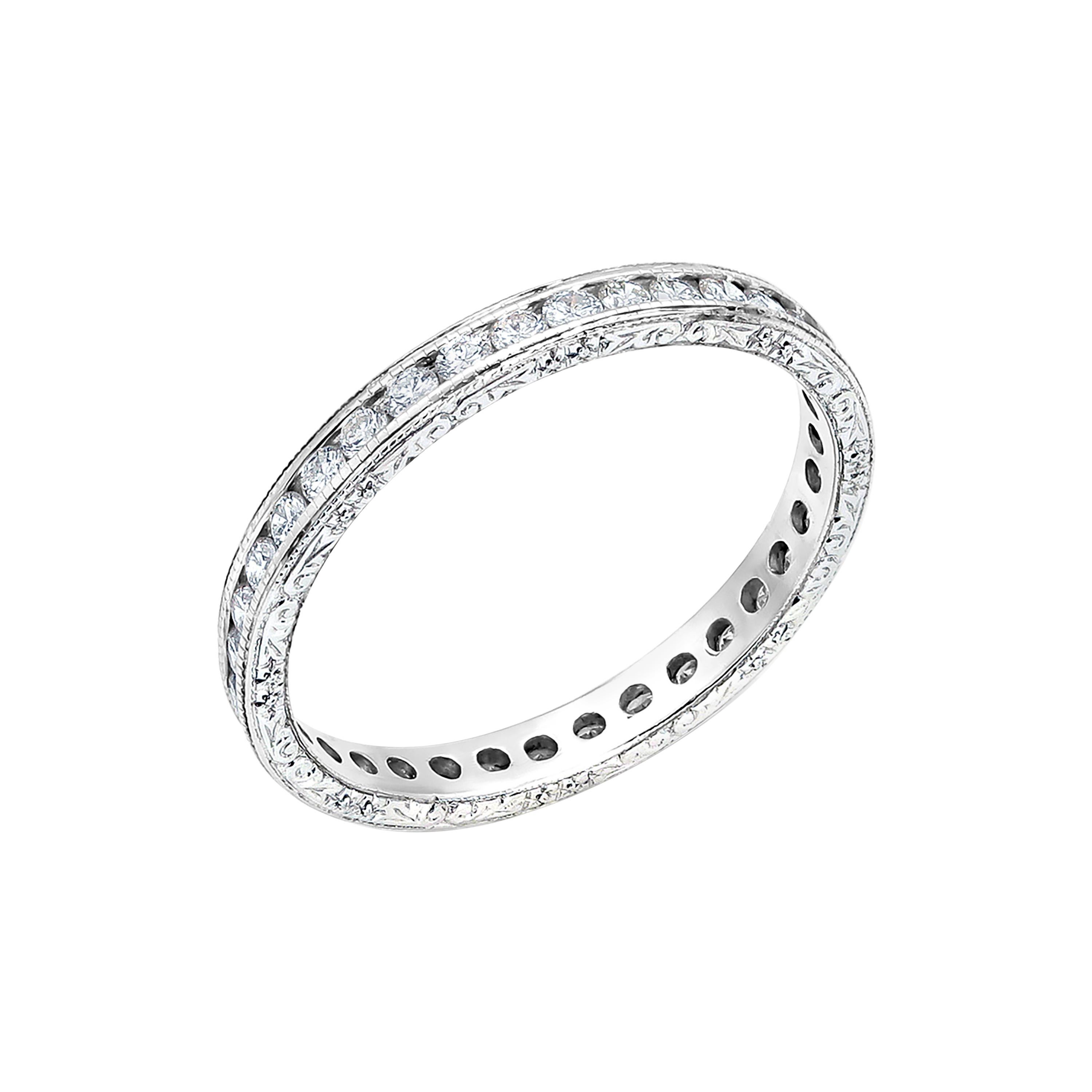 Contemporary Platinum Round Diamond Platinum Size 6.5 Full Band Old Master Hand Engraving For Sale