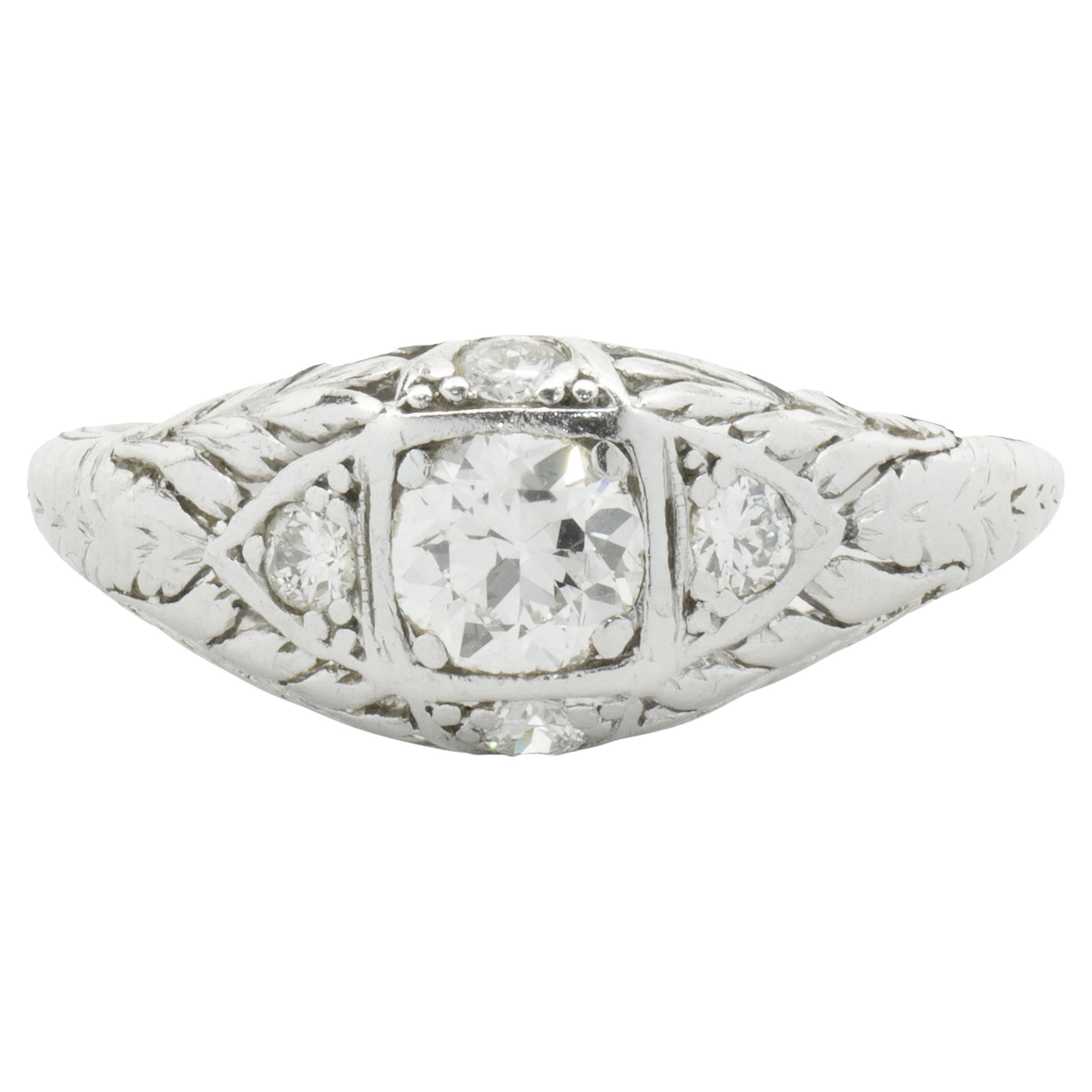 Platinum Round European Cut Diamond Engagement Ring