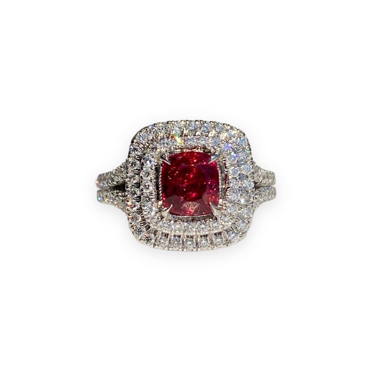 Specifications:

    Pre-Owned (Great condition)
    Metal: Platinum
    Weight: 7.9 Gr
    Main Stone: 0.78ct Red Spinel
    Side Stones: 0.39ctw Diamonds
    Color: F
    Clarity: VS
    Size: 4 US




