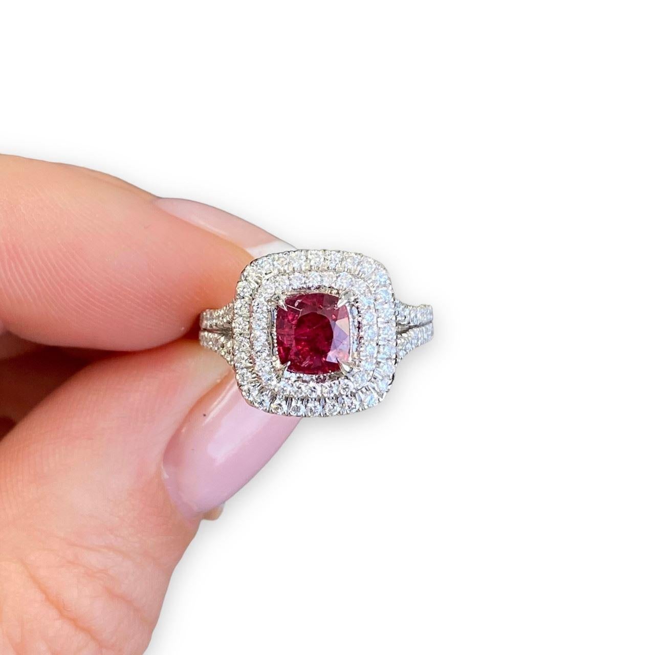 Cushion Cut Platinum Round Red Spinel .78cts and Diamond Double Halo Ring For Sale