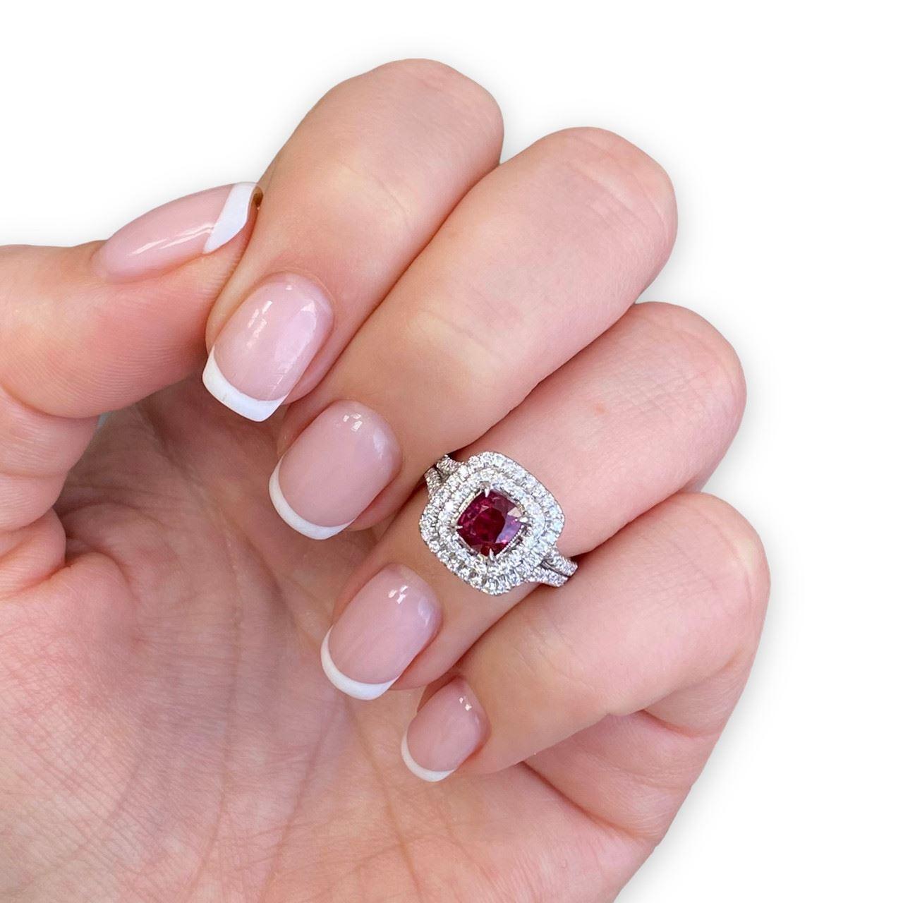 Platinum Round Red Spinel .78cts and Diamond Double Halo Ring In Excellent Condition For Sale In Los Angeles, CA