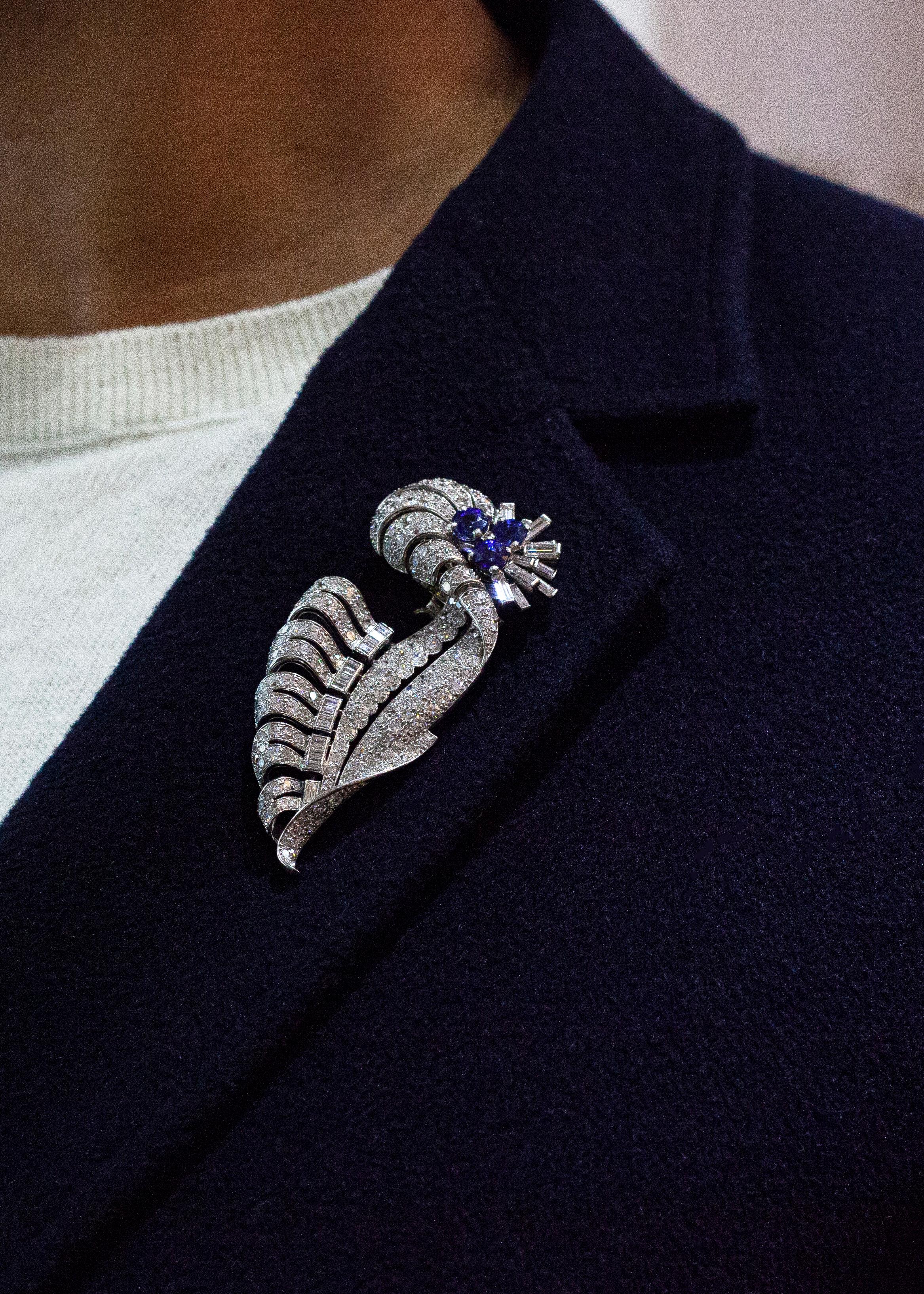 Brilliant Cut Platinum, Royal Blue Sapphire and Diamond Mid-Century French Brooch For Sale