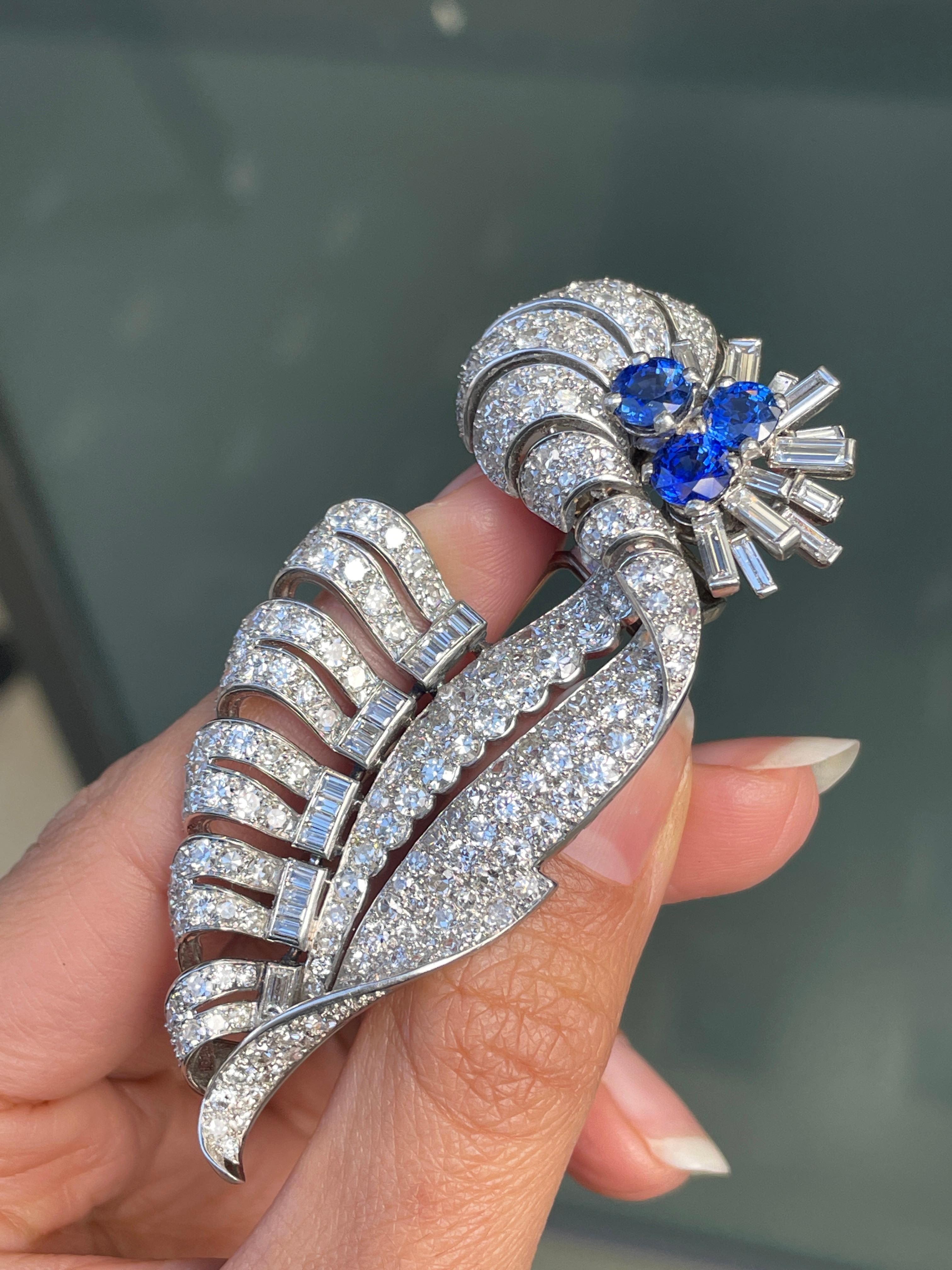 Women's or Men's Platinum, Royal Blue Sapphire and Diamond Mid-Century French Brooch For Sale