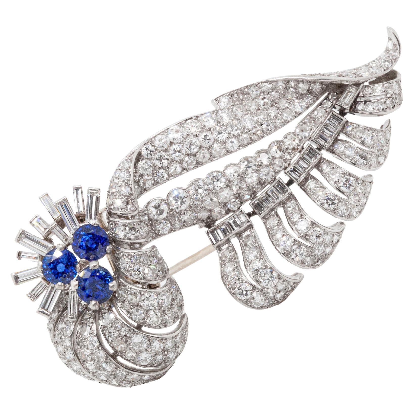 Platinum, Royal Blue Sapphire and Diamond Mid-Century French Brooch For Sale