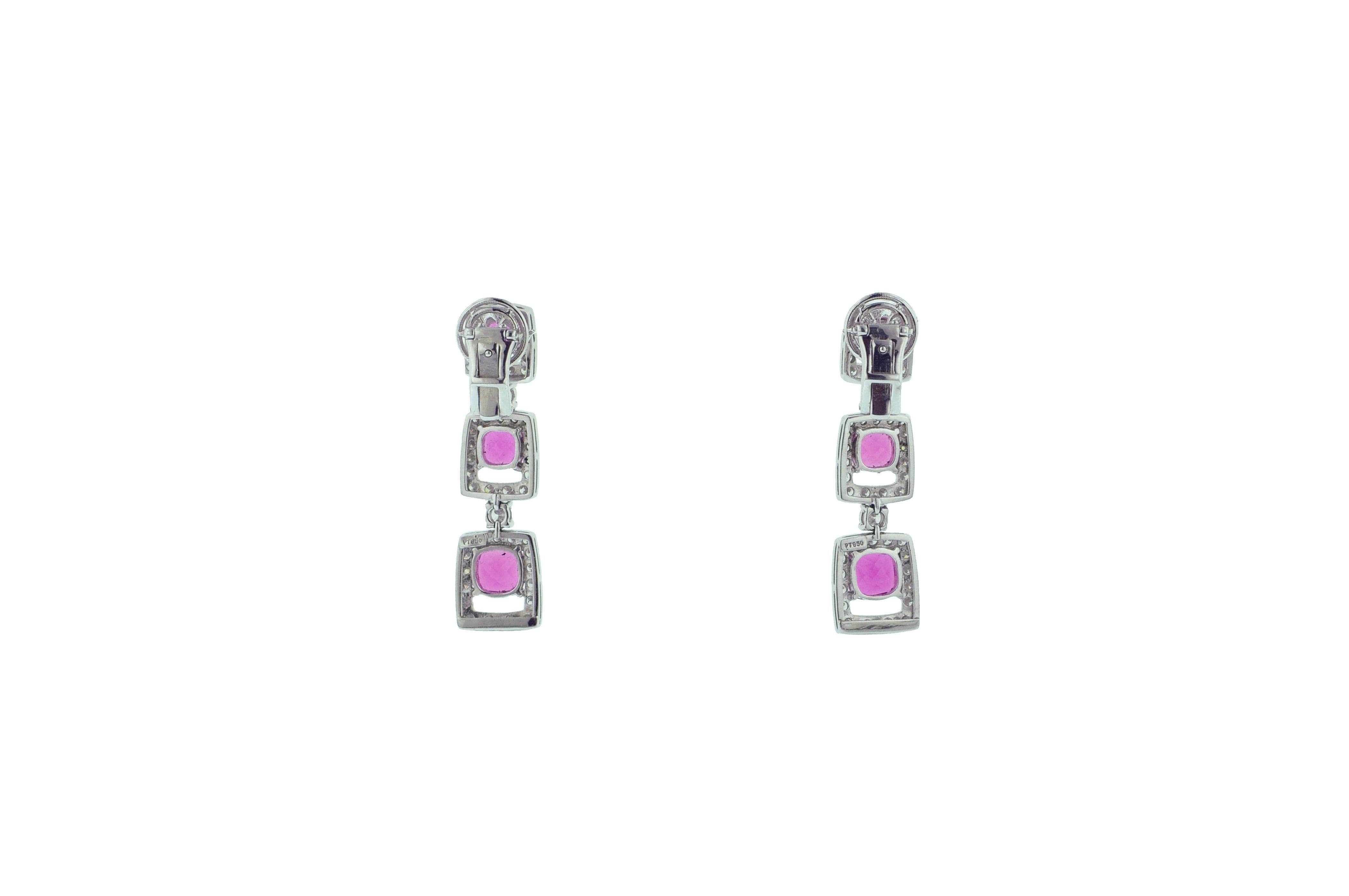 Contemporary Rubellite Diamond Platinum Drop Earrings For Sale