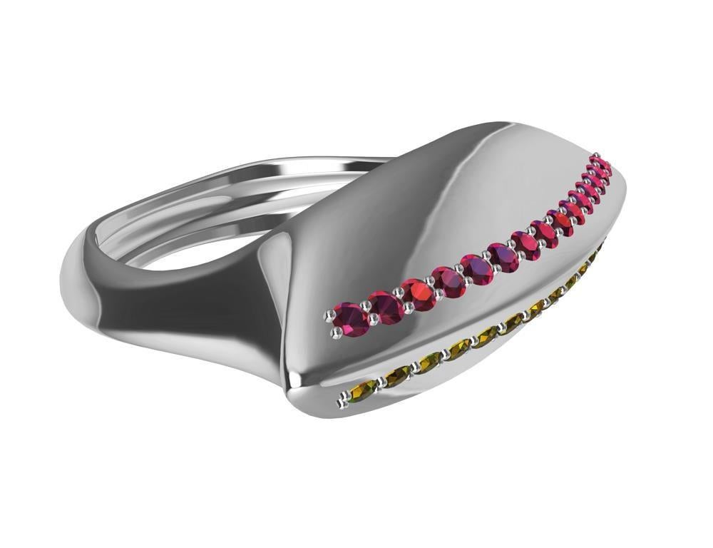 For Sale:  Platinum Rubies and Fancy Vivid Yellow Diamonds Sculpture Cocktail Ring 13