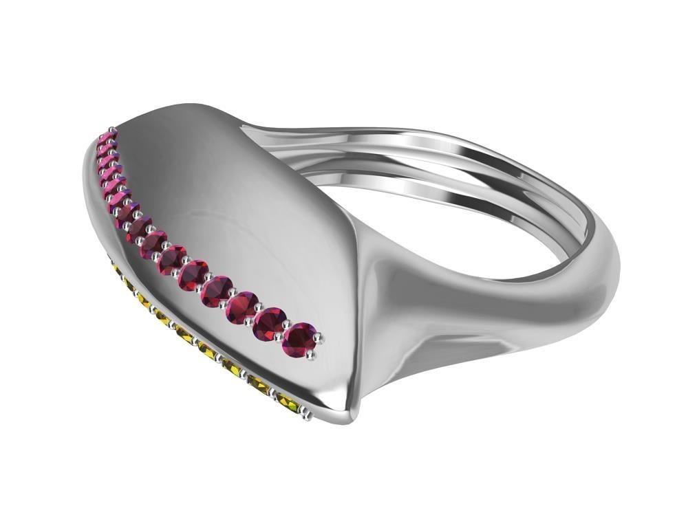 For Sale:  Platinum Rubies and Fancy Vivid Yellow Diamonds Sculpture Cocktail Ring 14