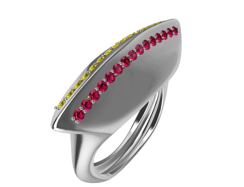 For Sale:  Platinum Rubies and Fancy Vivid Yellow Diamonds Sculpture Cocktail Ring 2