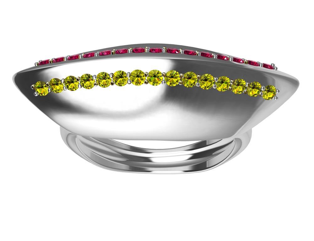 For Sale:  Platinum Rubies and Fancy Vivid Yellow Diamonds Sculpture Cocktail Ring 5