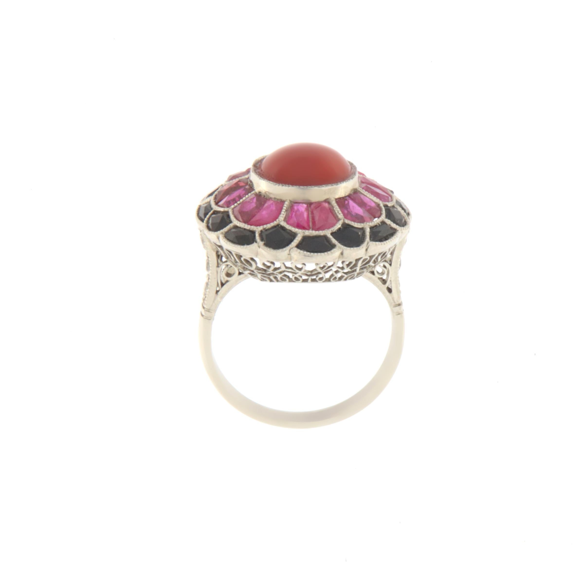 Artisan Platinum Rubies Diamonds Onyx Coral Cocktail Ring