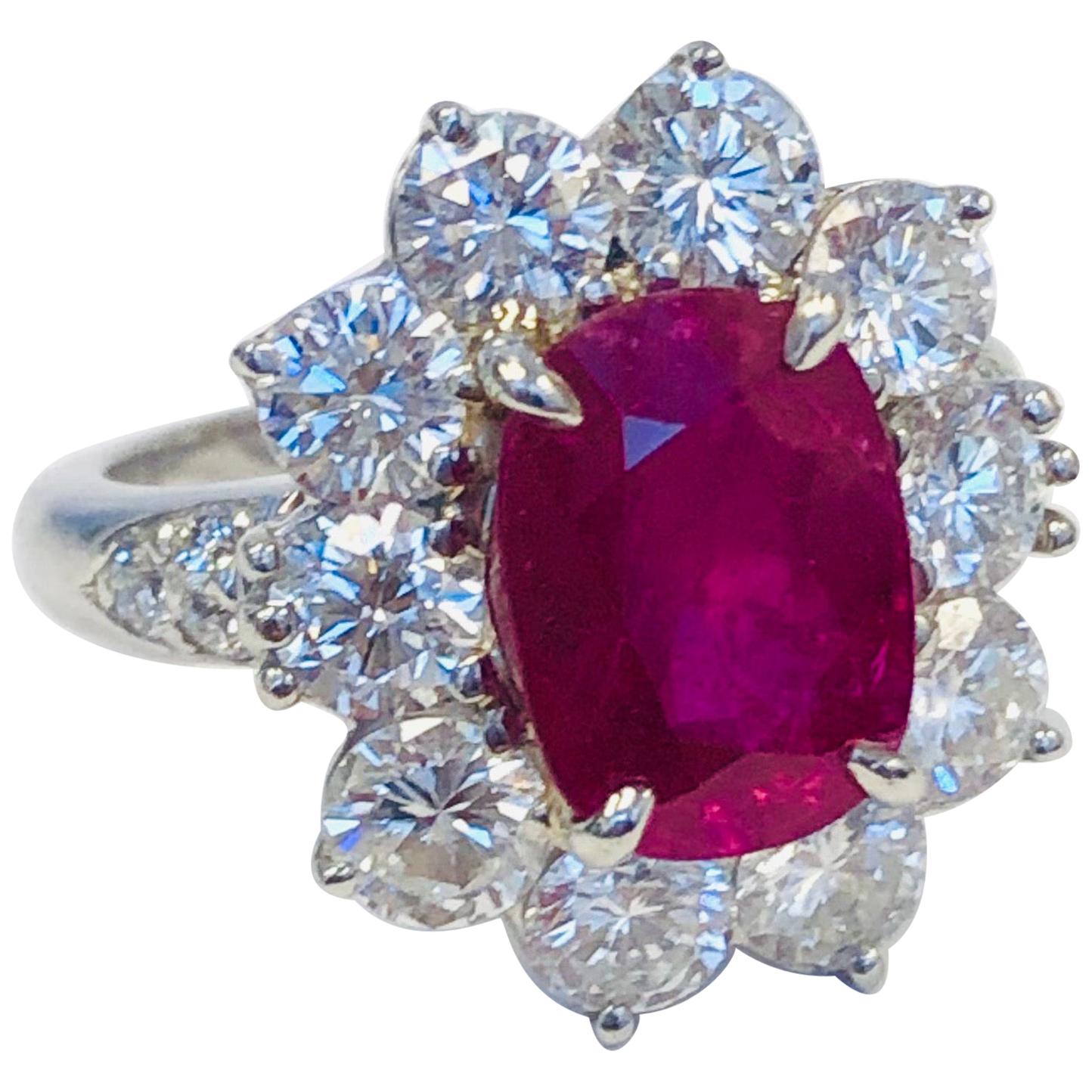 Platinum Ruby 3.23 Carat and Diamond Ring For Sale