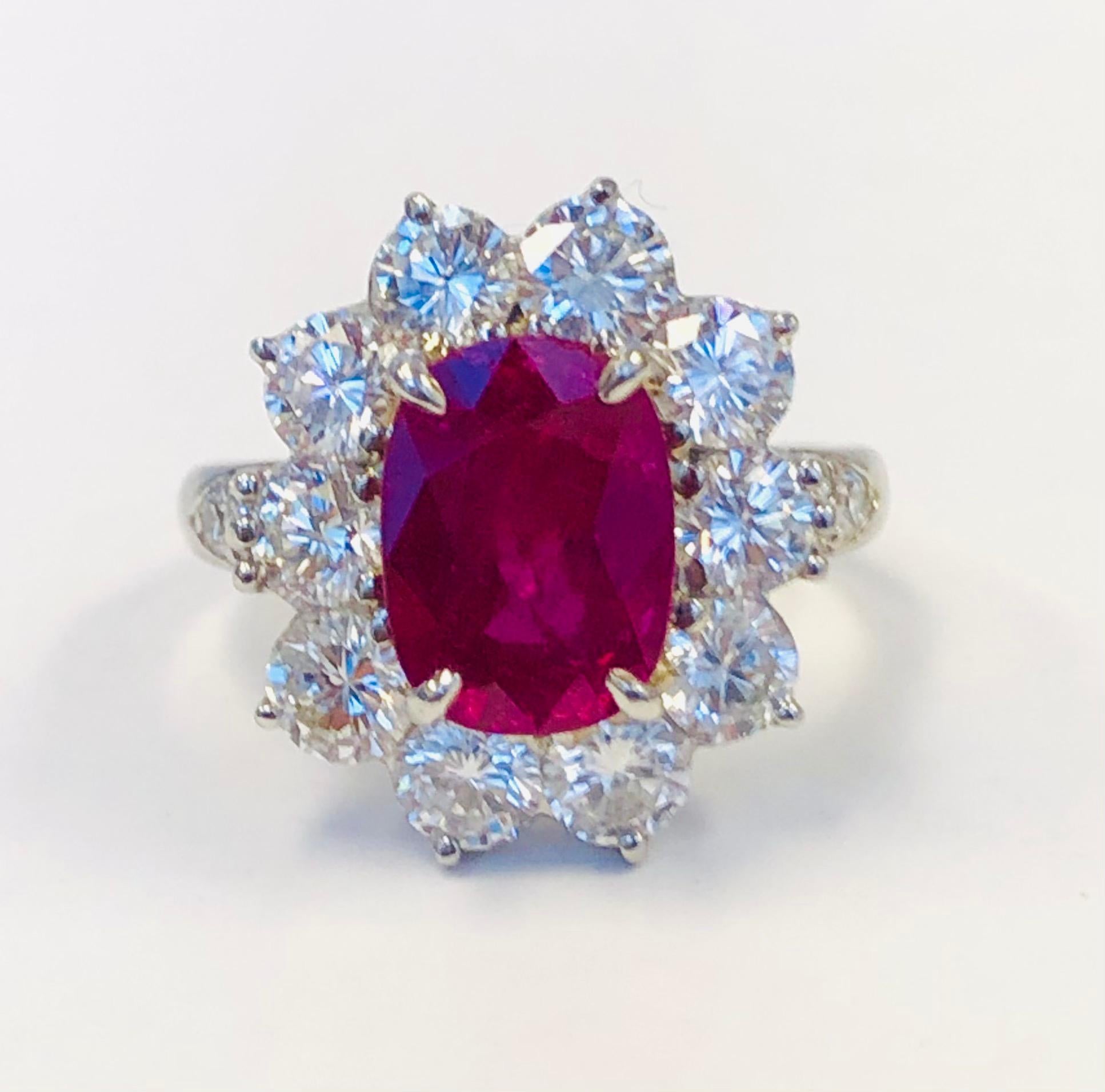 Contemporary Platinum Ruby 3.23 Carat and Diamond Ring For Sale