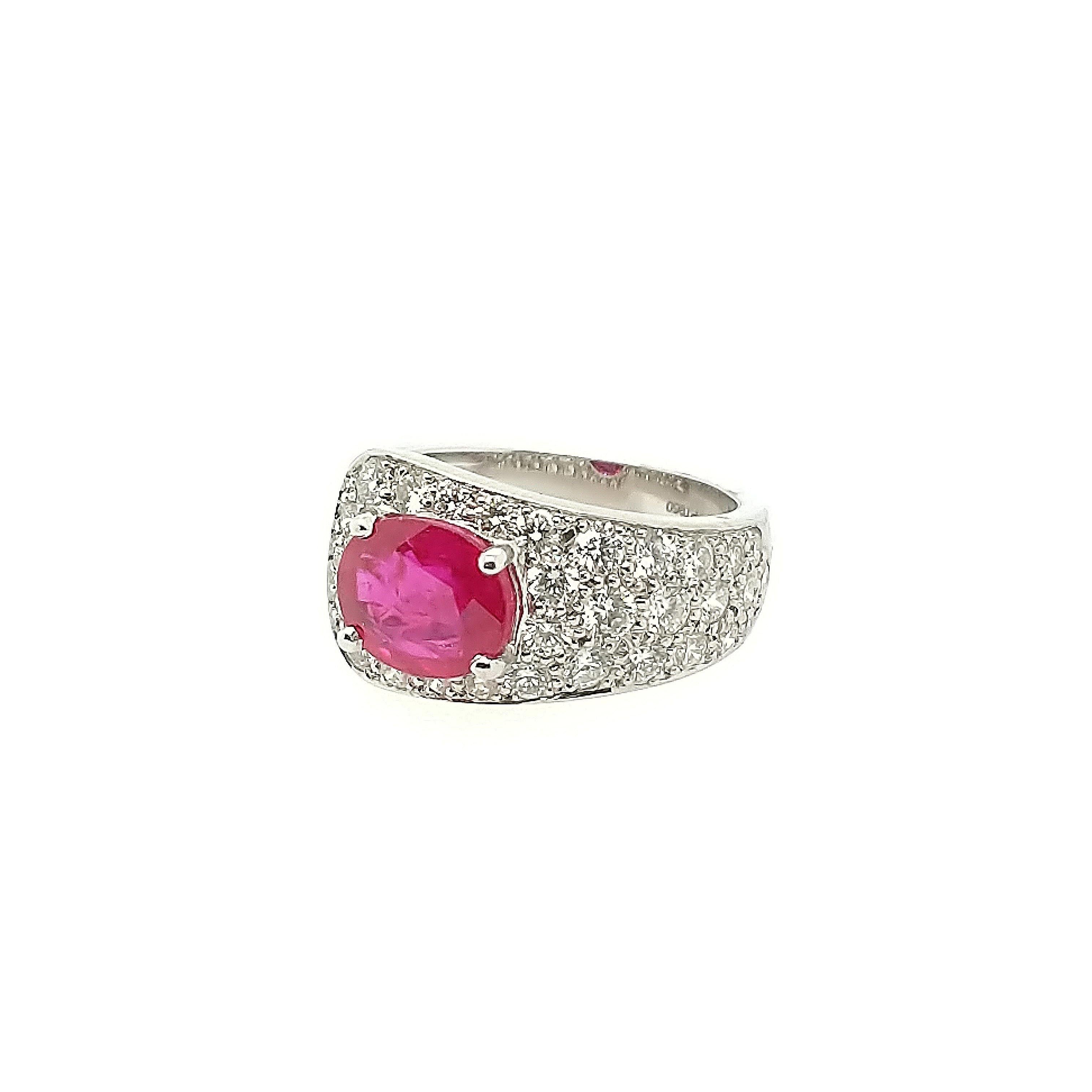 Contemporary Platinum Ruby and Diamond Buckle Fashion Ring For Sale