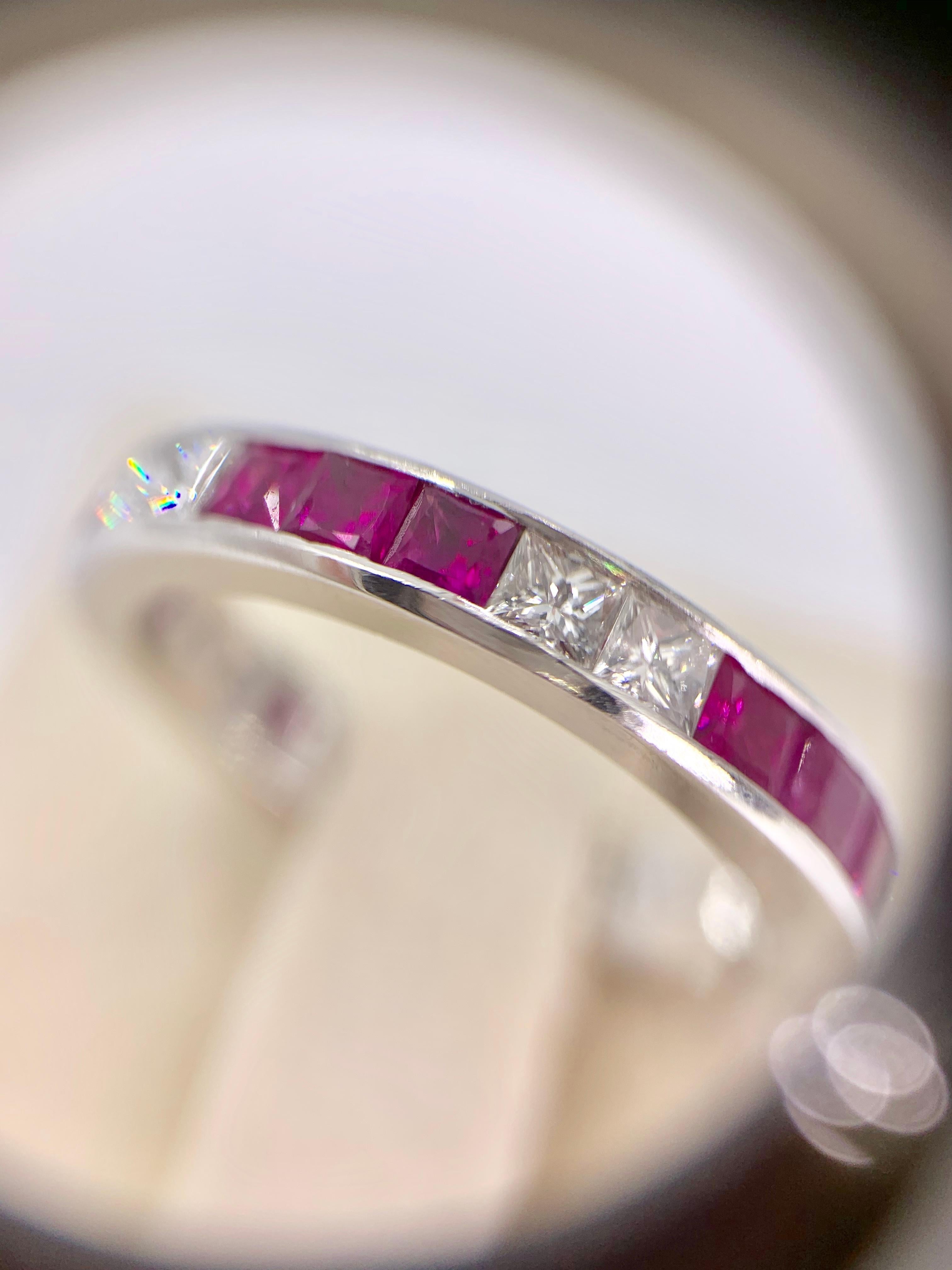 Princess Cut Platinum Ruby and Diamond Channel Set Eternity Band For Sale