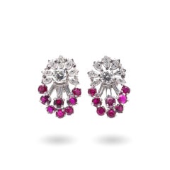 Platinum Ruby and Diamond Cluster Earrings
