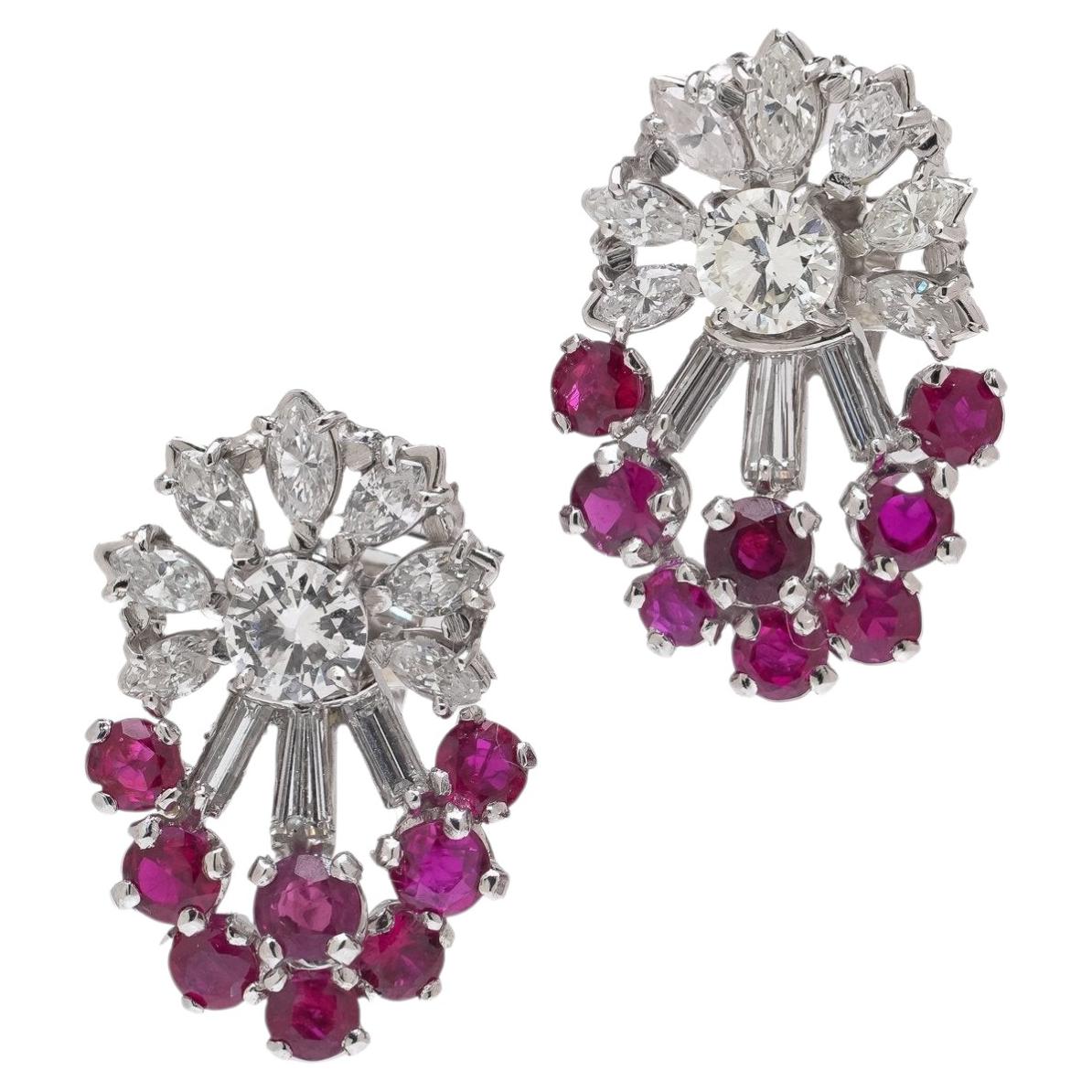 Platinum Ruby and Diamond Cluster Earrings