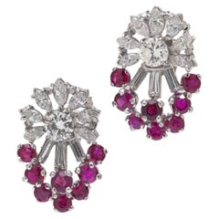 Platinum Ruby and Diamond Cluster Earrings