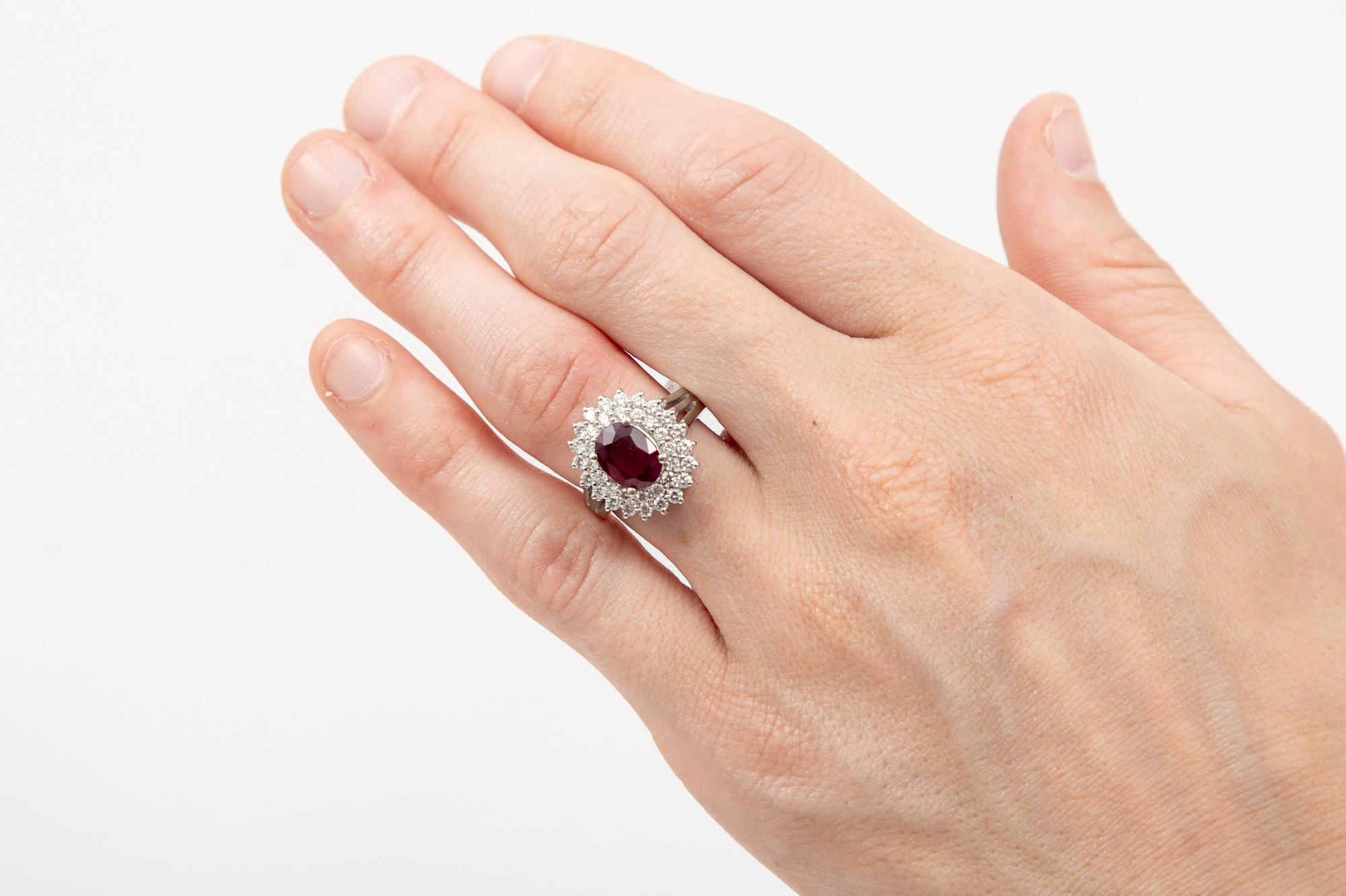 Platinum, Ruby and Diamond Double Halo Cocktail Ring, App. 0.64 TCW For Sale 3