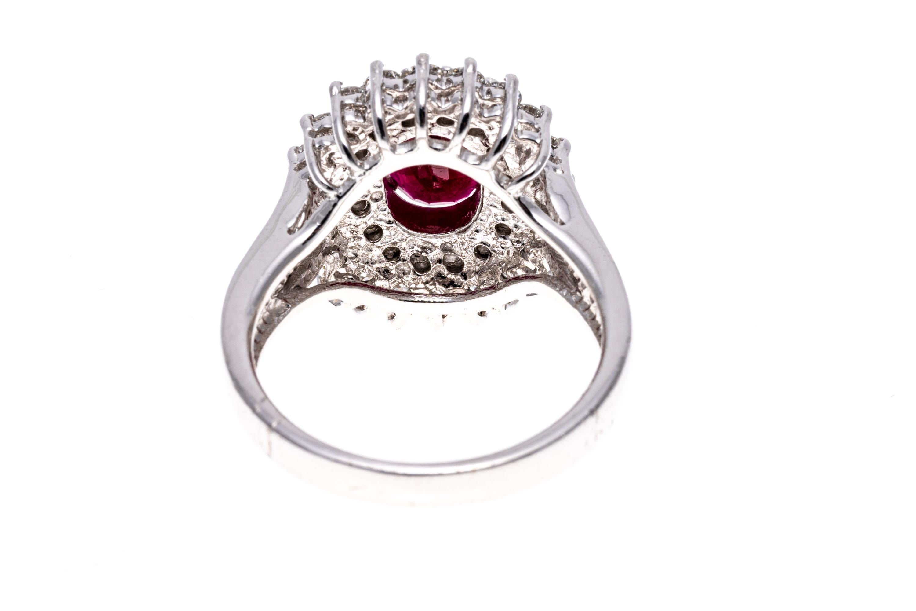 Platinum, Ruby and Diamond Double Halo Cocktail Ring, App. 0.64 TCW In Good Condition For Sale In Southport, CT