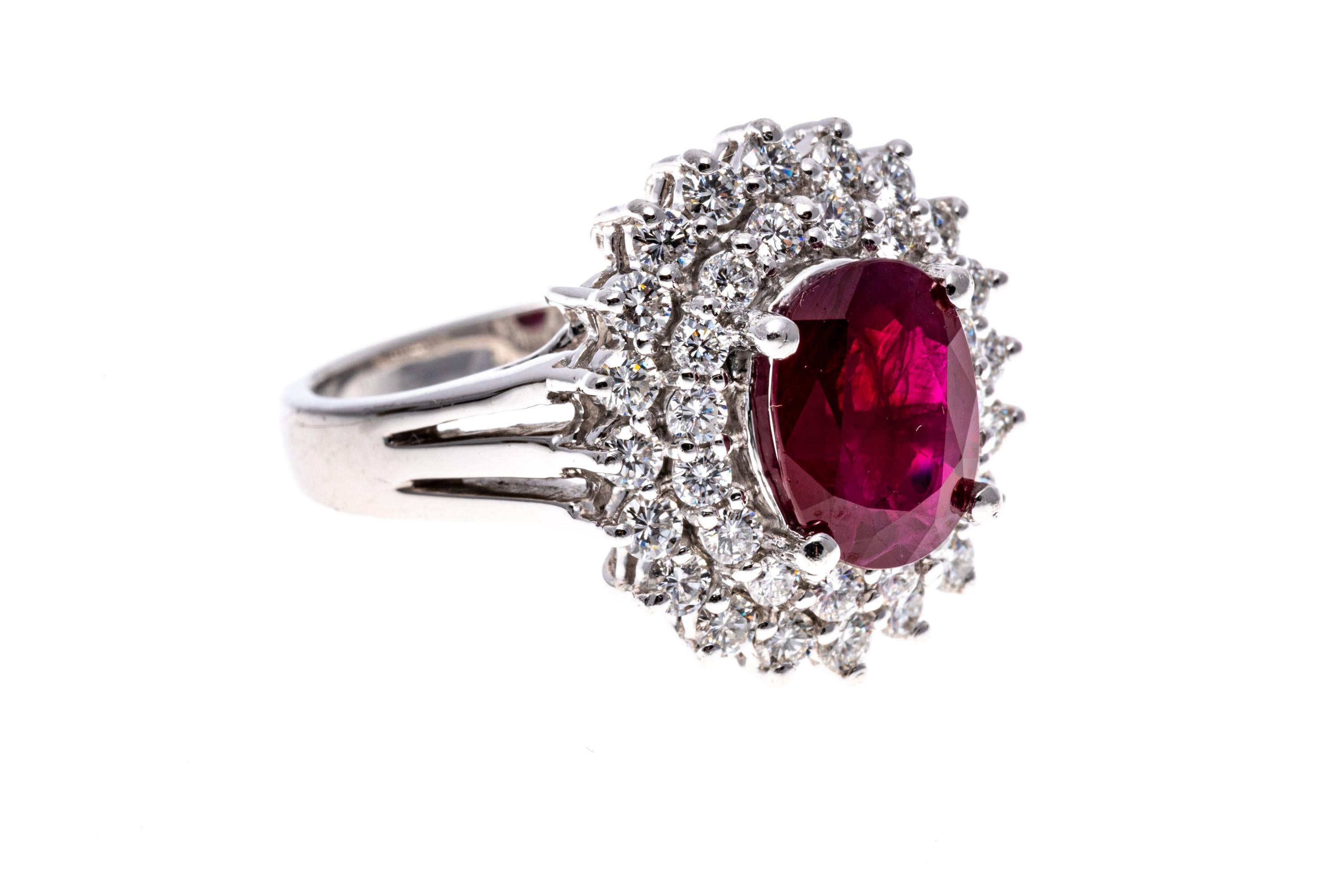 Platinum, Ruby and Diamond Double Halo Cocktail Ring, App. 0.64 TCW For Sale 1