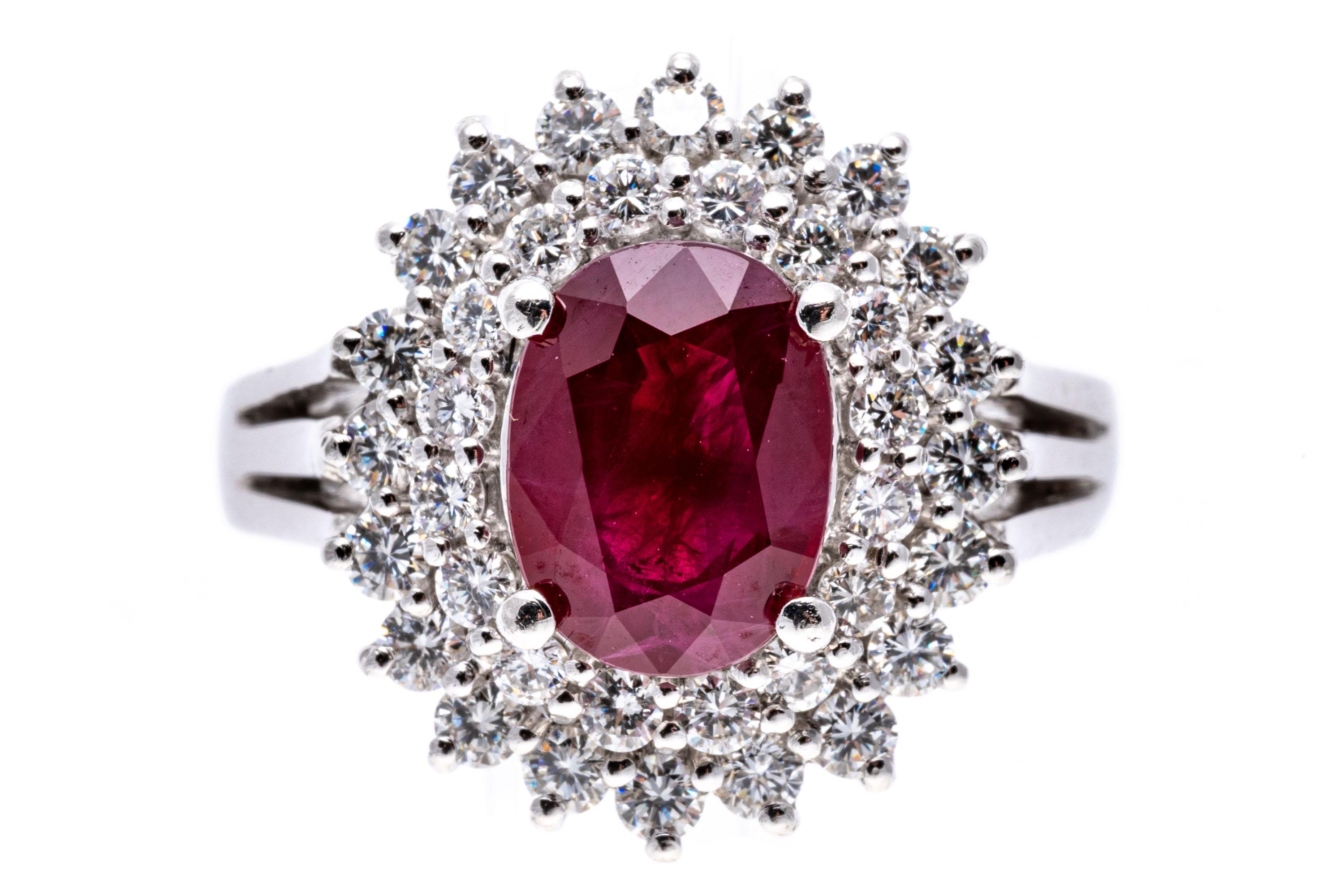 Platinum, Ruby and Diamond Double Halo Cocktail Ring, App. 0.64 TCW For Sale 2