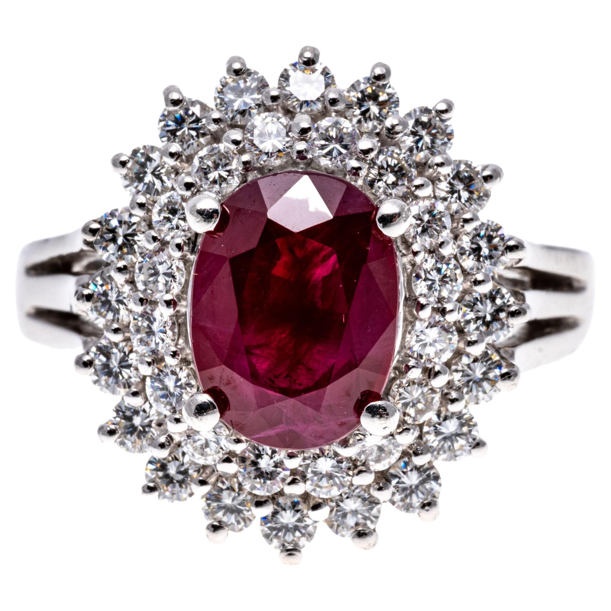 Anello da cocktail in platino, rubino e diamante a doppio alone, App. 0,64 TCW