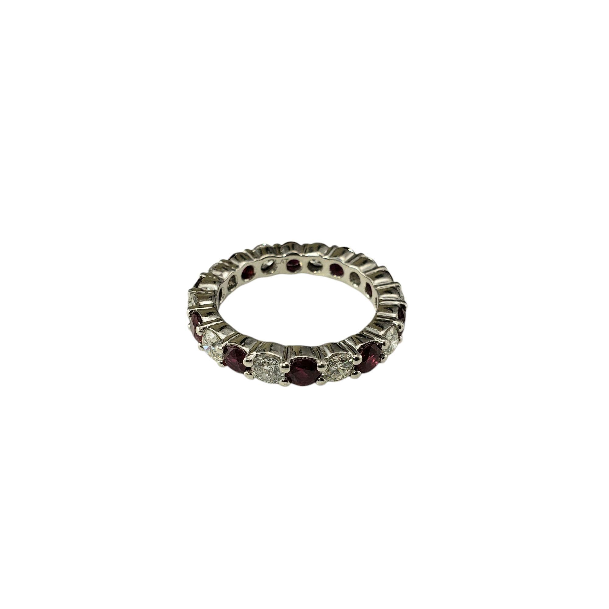 Platinum Ruby and Diamond Eternity Band Ring Size 6.75 JAGi Certified-

This exquisite eternity band features a seamless circle of alternating 10 natural rubies and 10 round brilliant cut diamonds set in timeless platinum.

Width: 3.5