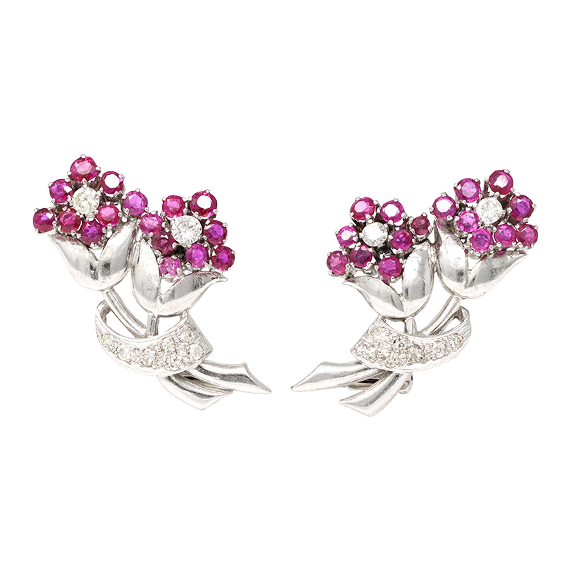 Platinum Ruby and Diamond Flower Clip-On Earrings, circa 1950 For Sale