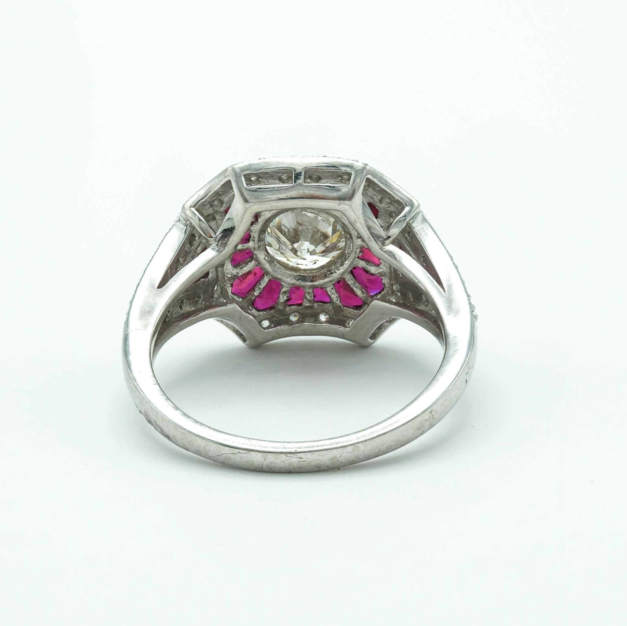 Contemporary Platinum Ruby and Diamond Ring with Baguette Cut Rubies and Round Diamonds For Sale