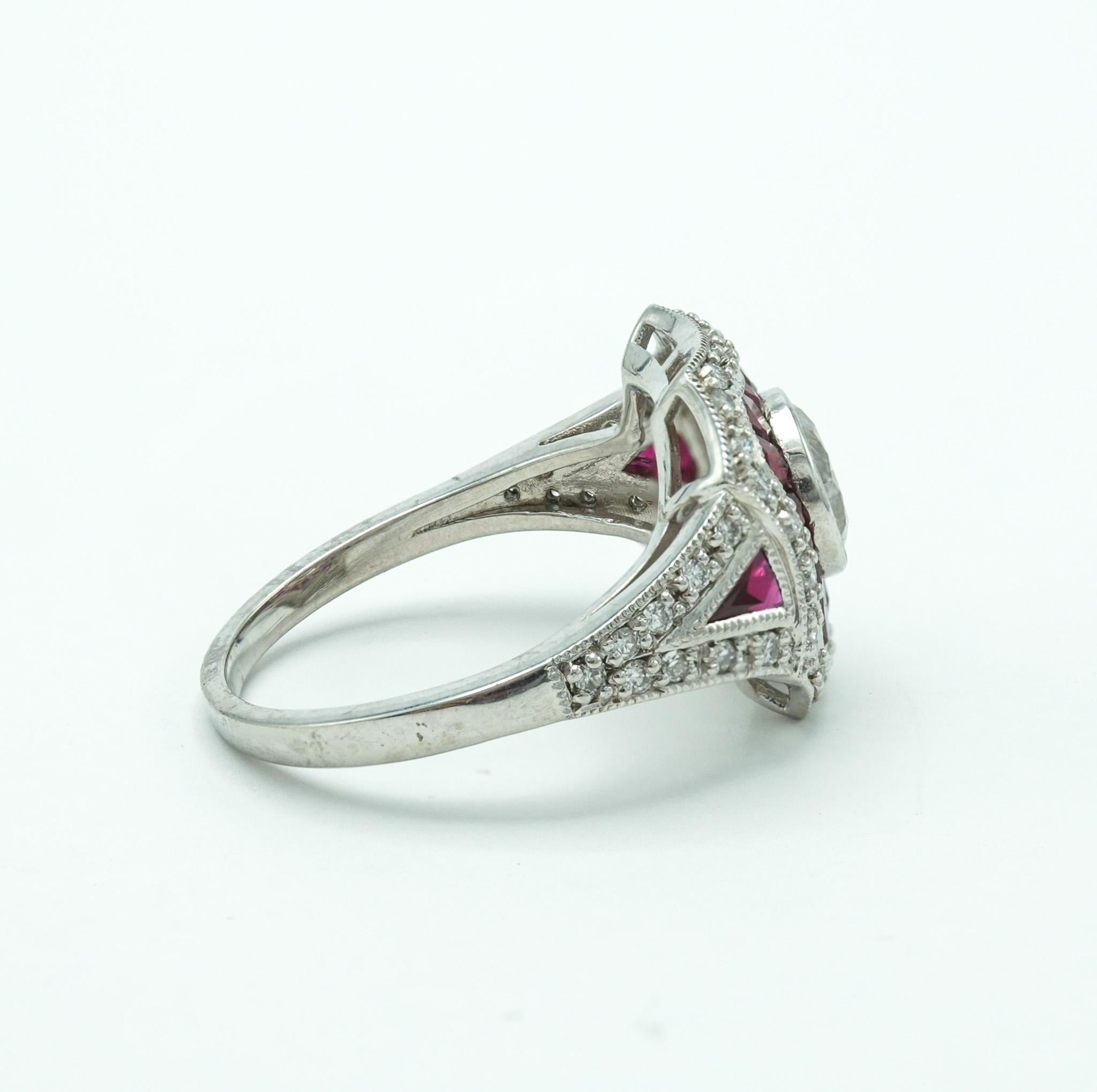 Platinum Ruby and Diamond Ring with Baguette Cut Rubies and Round Diamonds In Good Condition For Sale In Fairfield, CT