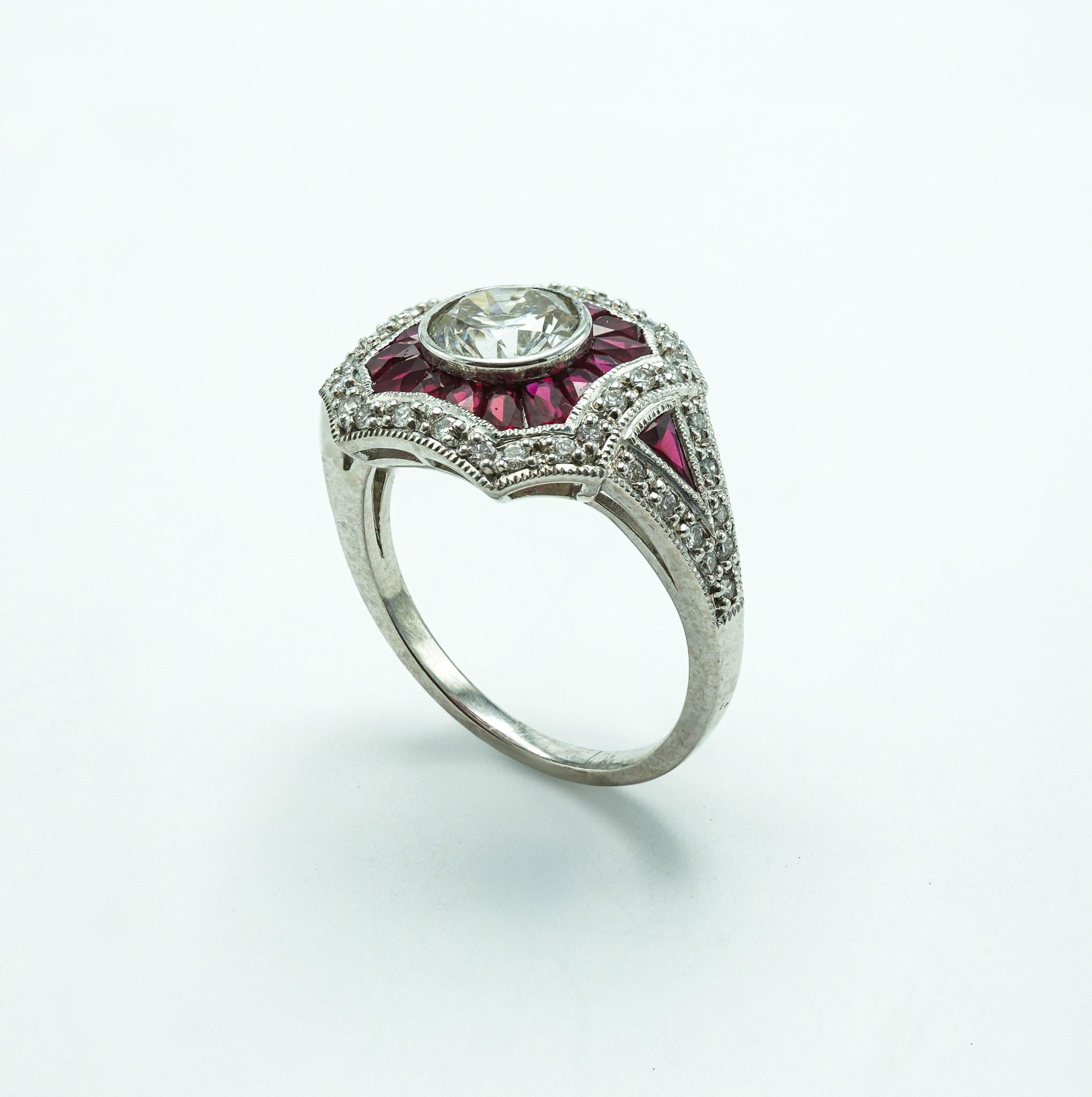 Women's Platinum Ruby and Diamond Ring with Baguette Cut Rubies and Round Diamonds For Sale