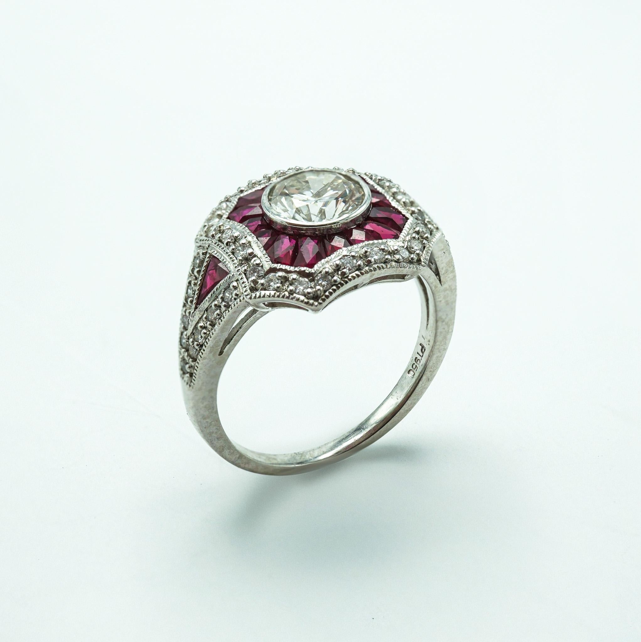 Platinum Ruby and Diamond Ring with Baguette Cut Rubies and Round Diamonds For Sale 1
