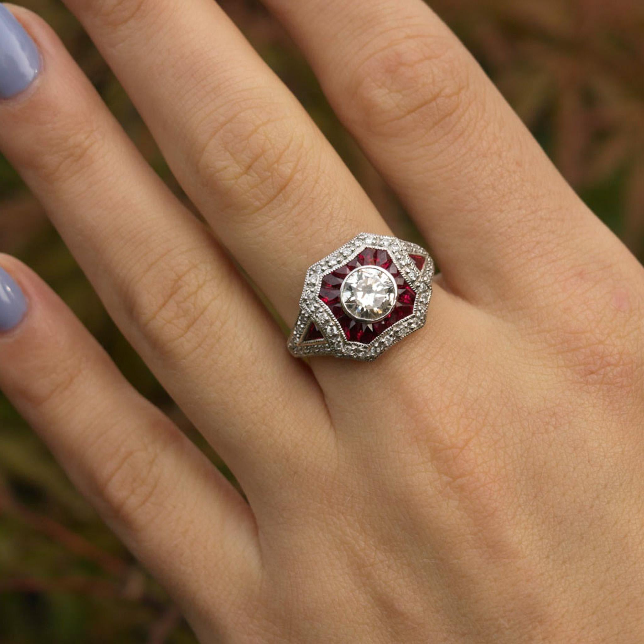 Platinum Ruby and Diamond Ring with Baguette Cut Rubies and Round Diamonds For Sale 2