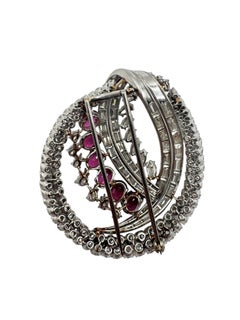 Platinum Ruby and Diamond Scroll Brooch