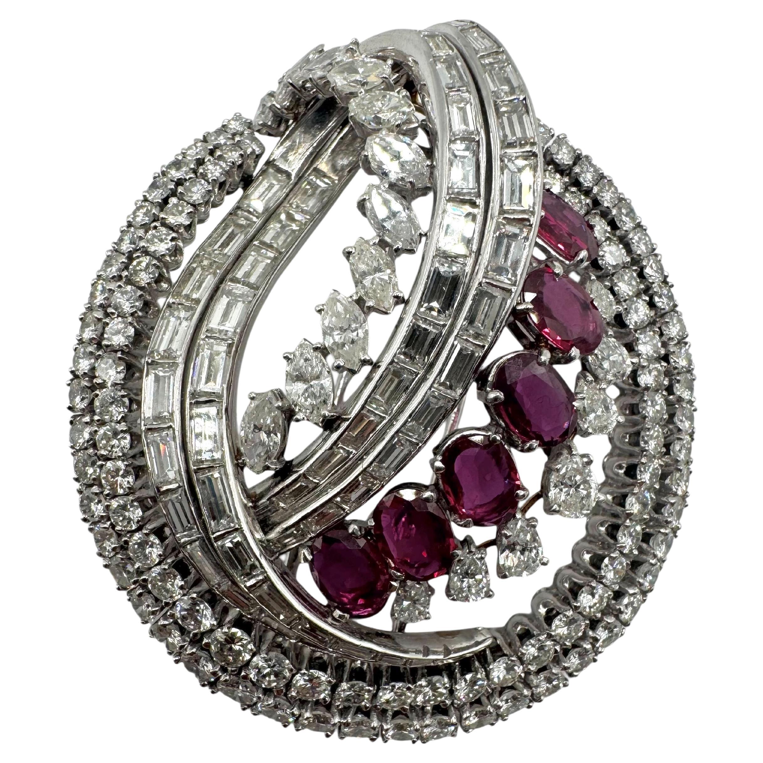 Platinum Ruby and Diamond Scroll Brooch